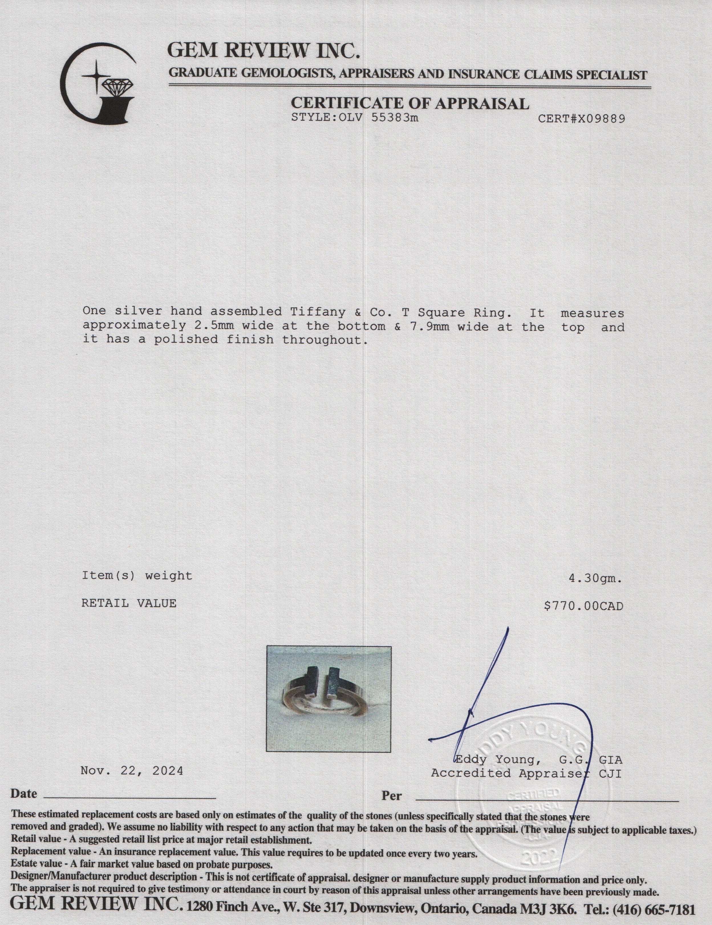 Tiffany & Co. Sterling Silver T Square Ring, Size 6.25