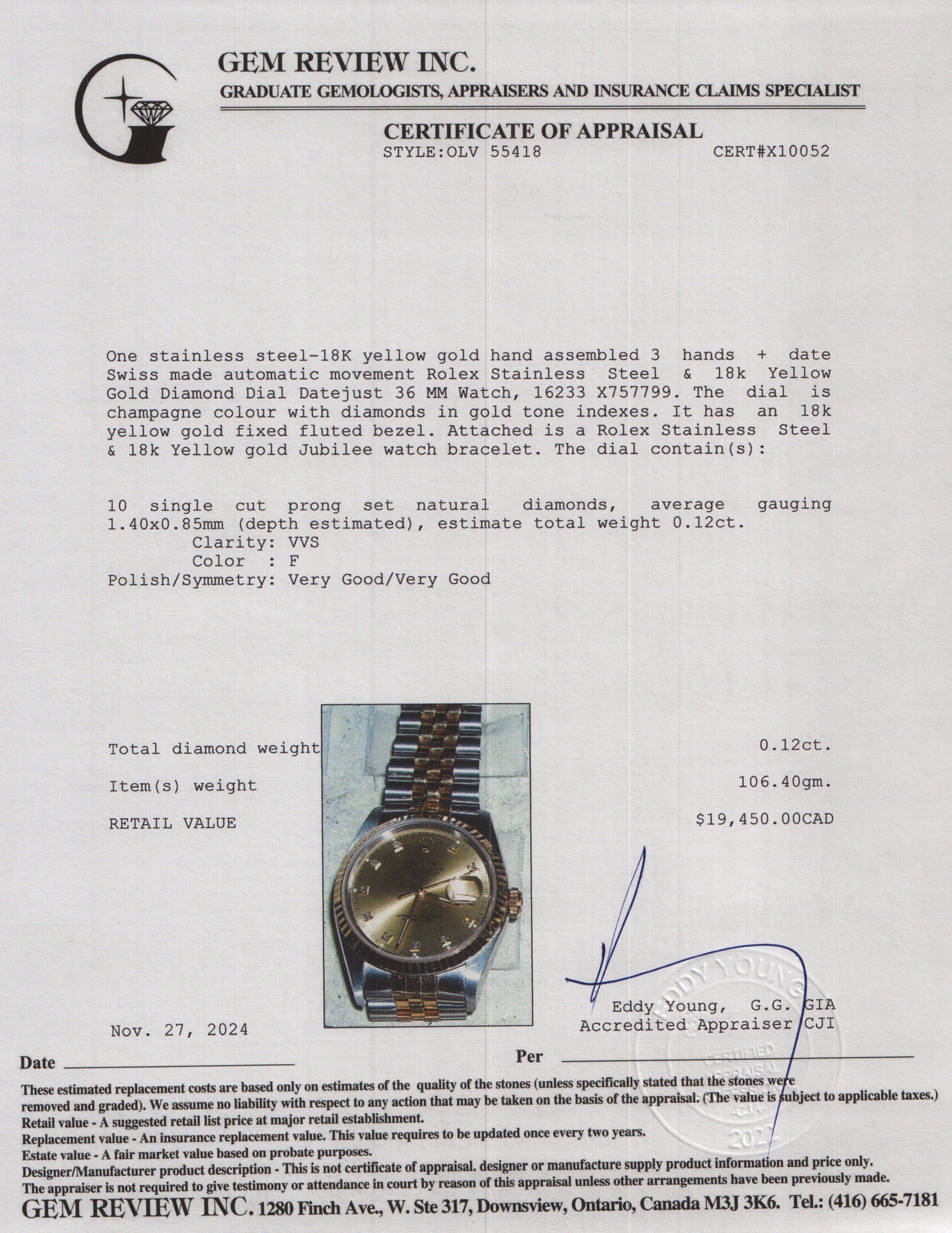 Rolex Stainless Steel & 18k Yellow Gold Diamond Dial Datejust 36 MM Watch 16233 w/ Box & Papers