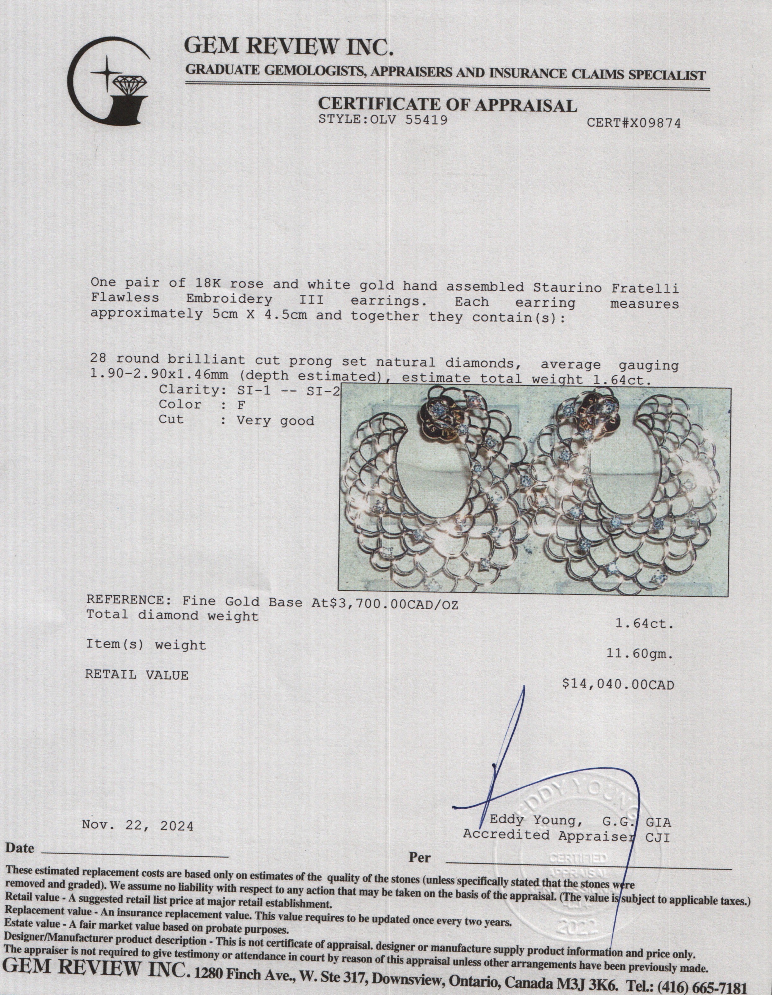 Staurino Fratelli 18k Rose Gold Diamond Flawless Emproidery III Hoop Earrings w/ Box