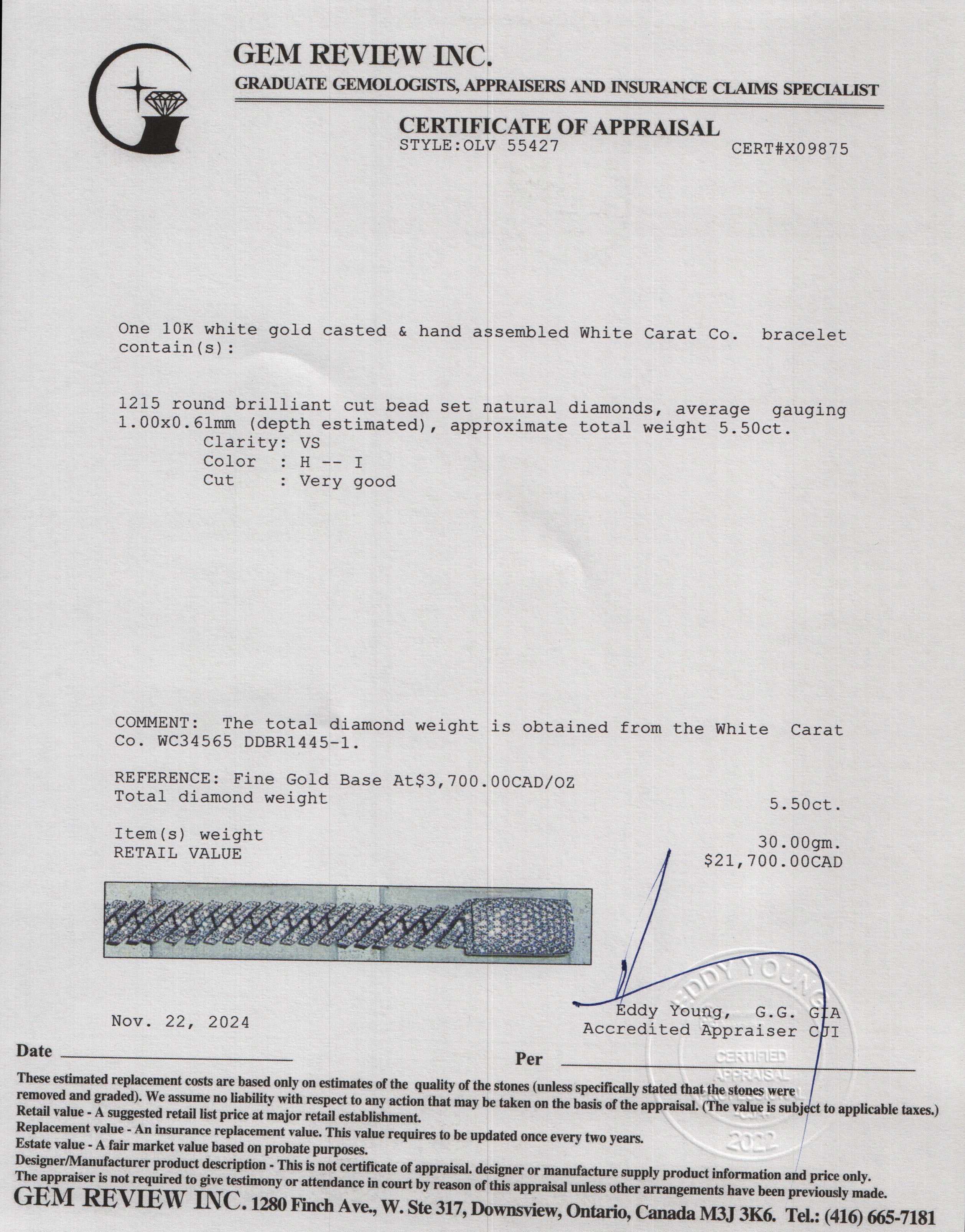 White Carat 10k White Gold 5.50 tcw. Diamond Cuban Link Bracelet