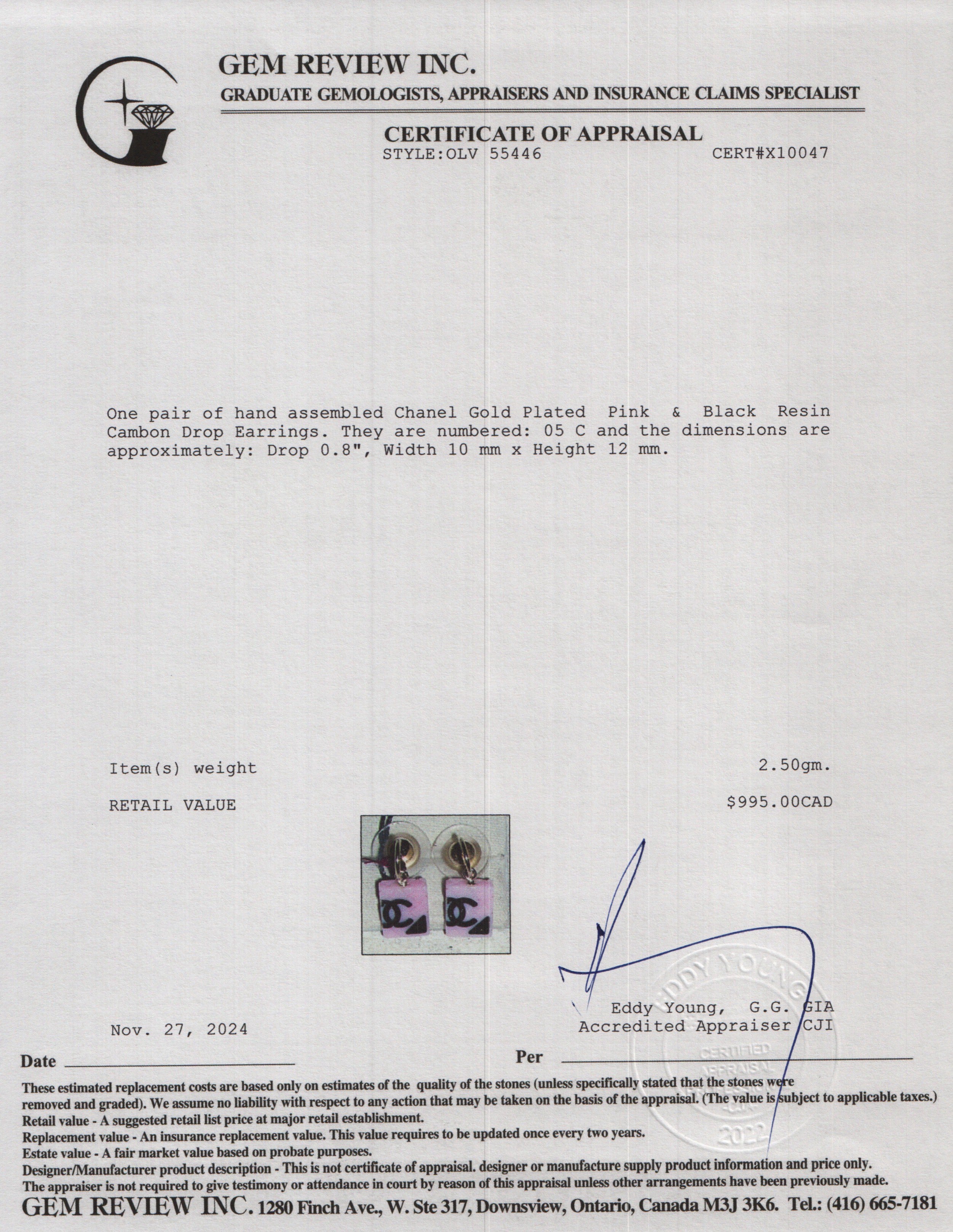 Chanel Gold Plated Pink & Black Resin Cambon Drop Earrings