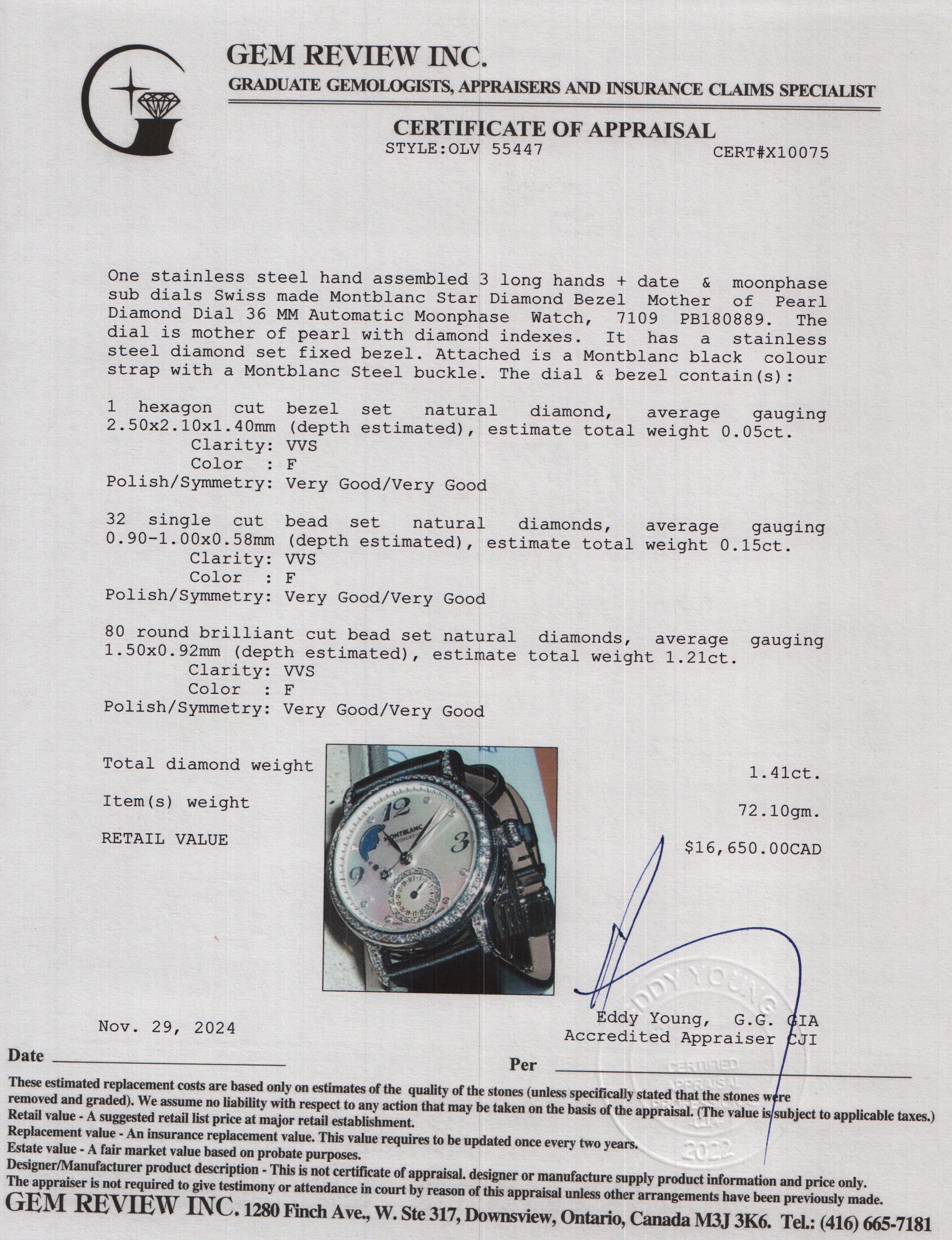 Montblanc Stainless Steel Star Diamond Bezel Mother of Pearl Diamond Dial 36 MM Automatic Moonphase Watch 7109