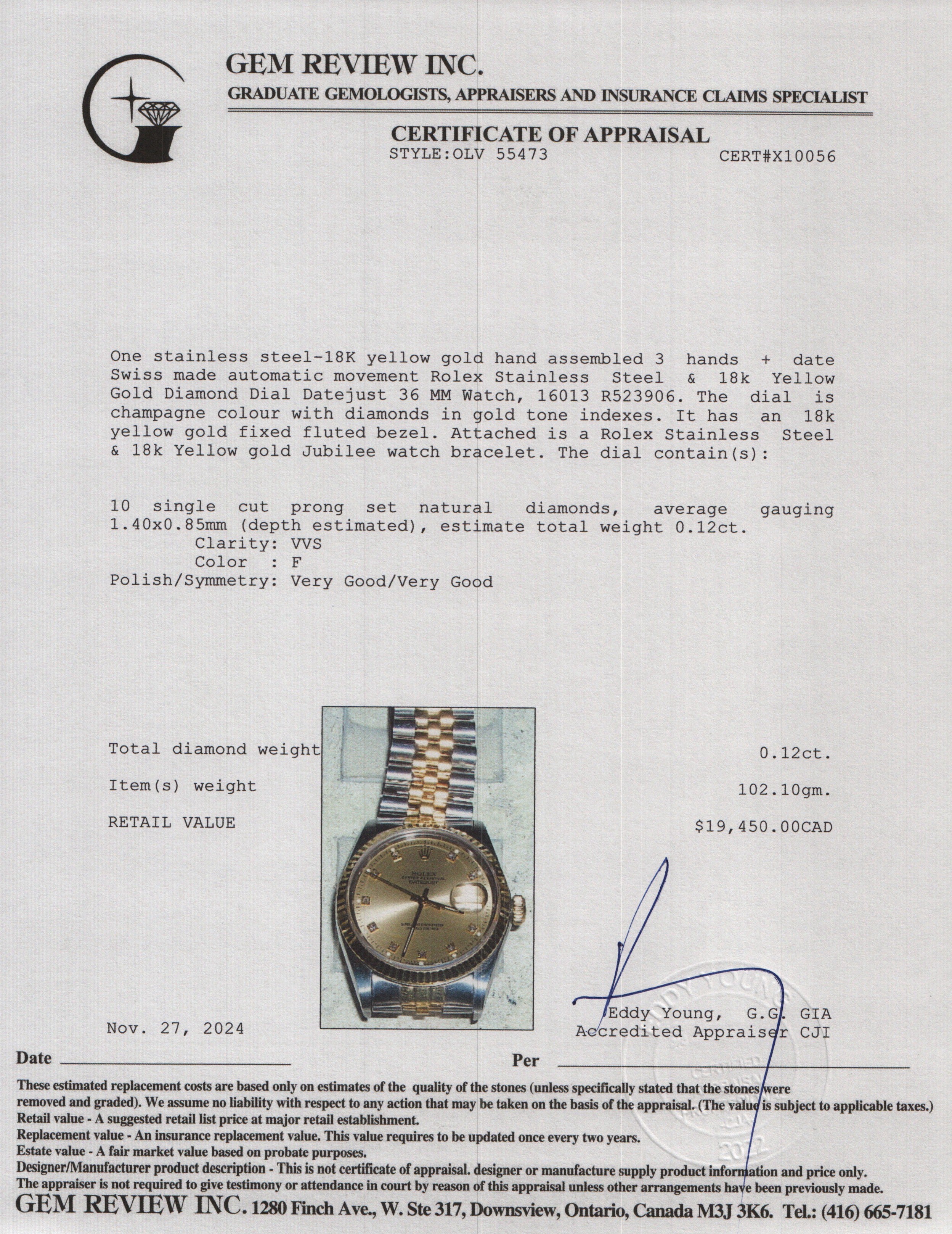 Rolex Stainless Steel & 18k Yellow Gold Diamond Dial Datejust 36 MM Watch 16013