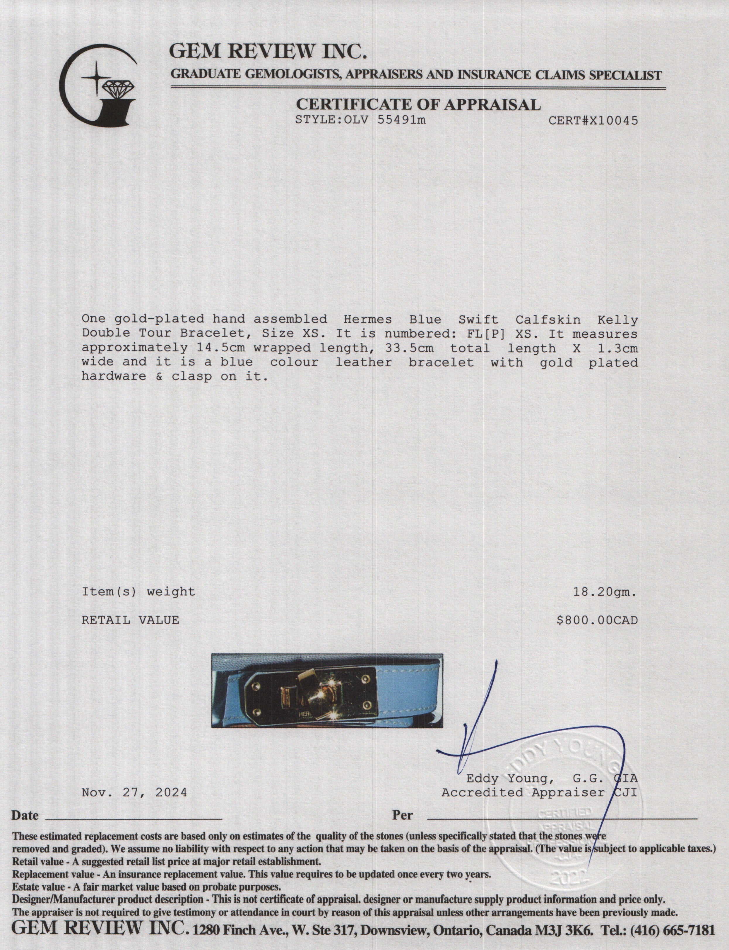 Hermes Gold Plated Blue Swift Calfskin Kelly Double Tour Bracelet, Size XS