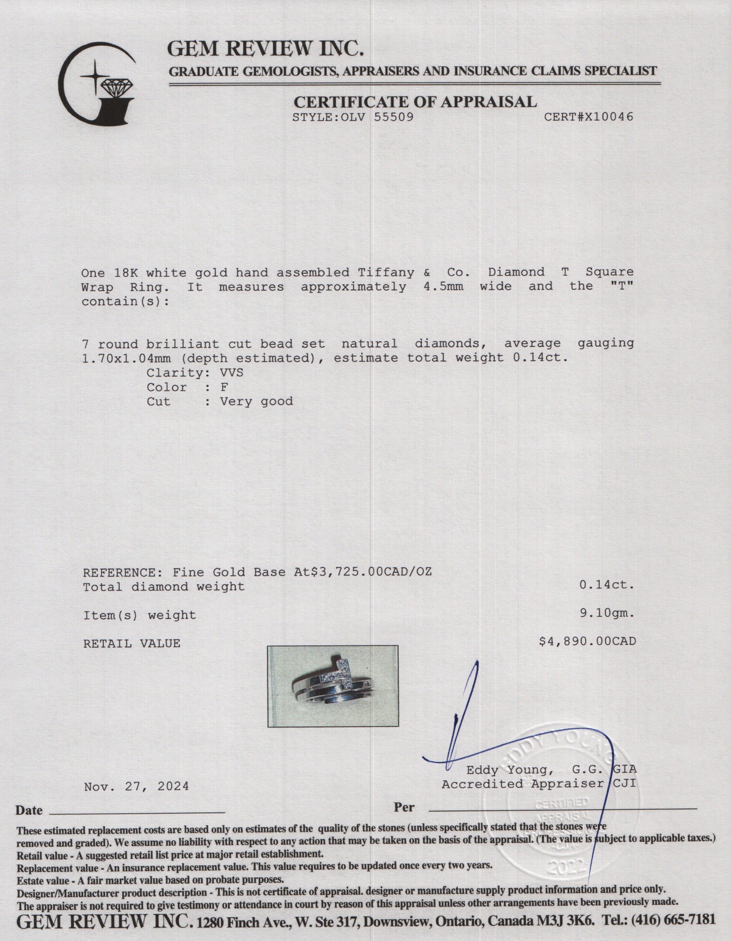 Tiffany & Co. 18k White Gold Diamond T Square Wrap Ring, Size 6.75 w/ Box