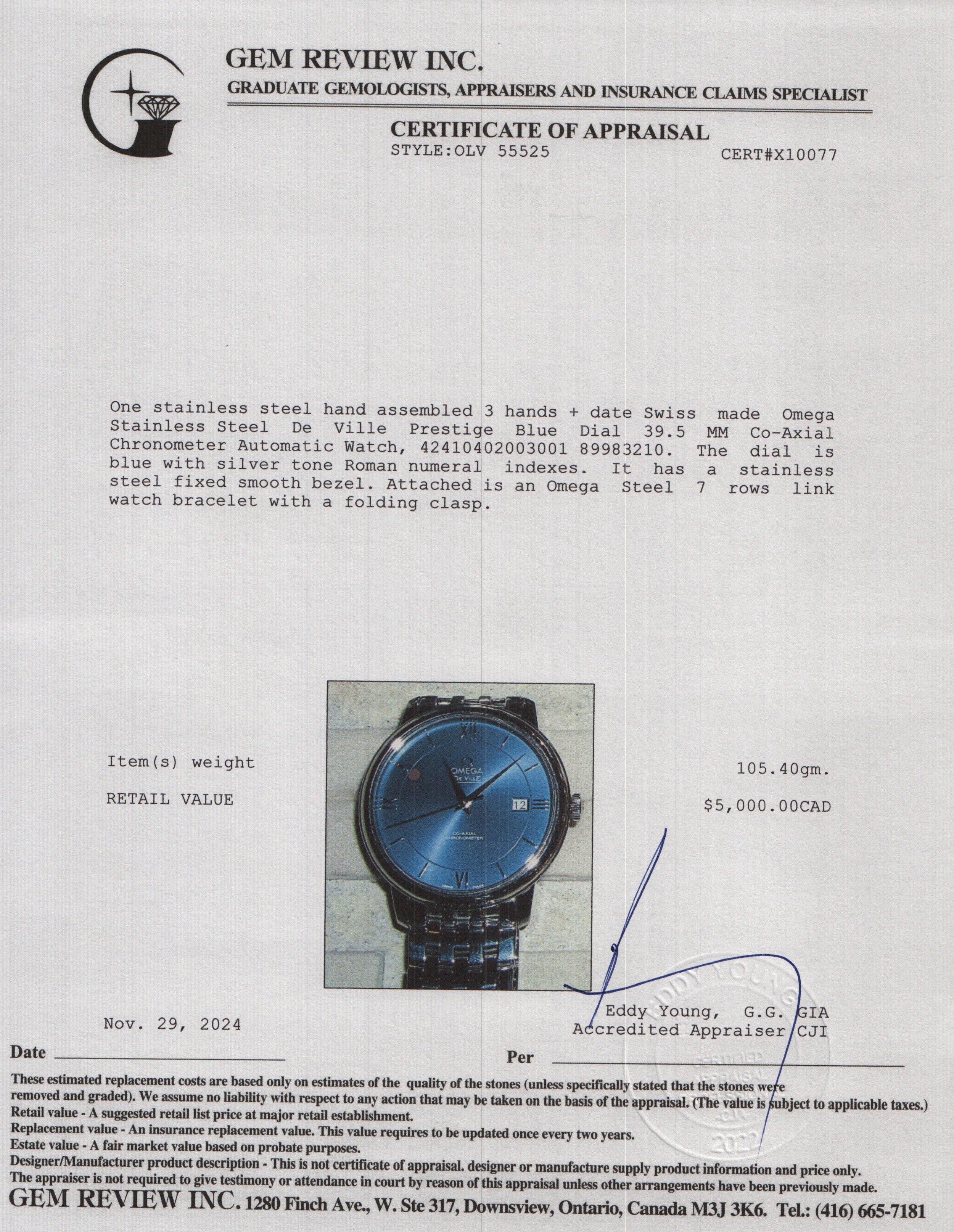 Omega Stainless Steel De Ville Prestige Blue Dial 39.5 MM Co-Axial Chronometer Automatic Watch w/ Box & Papers