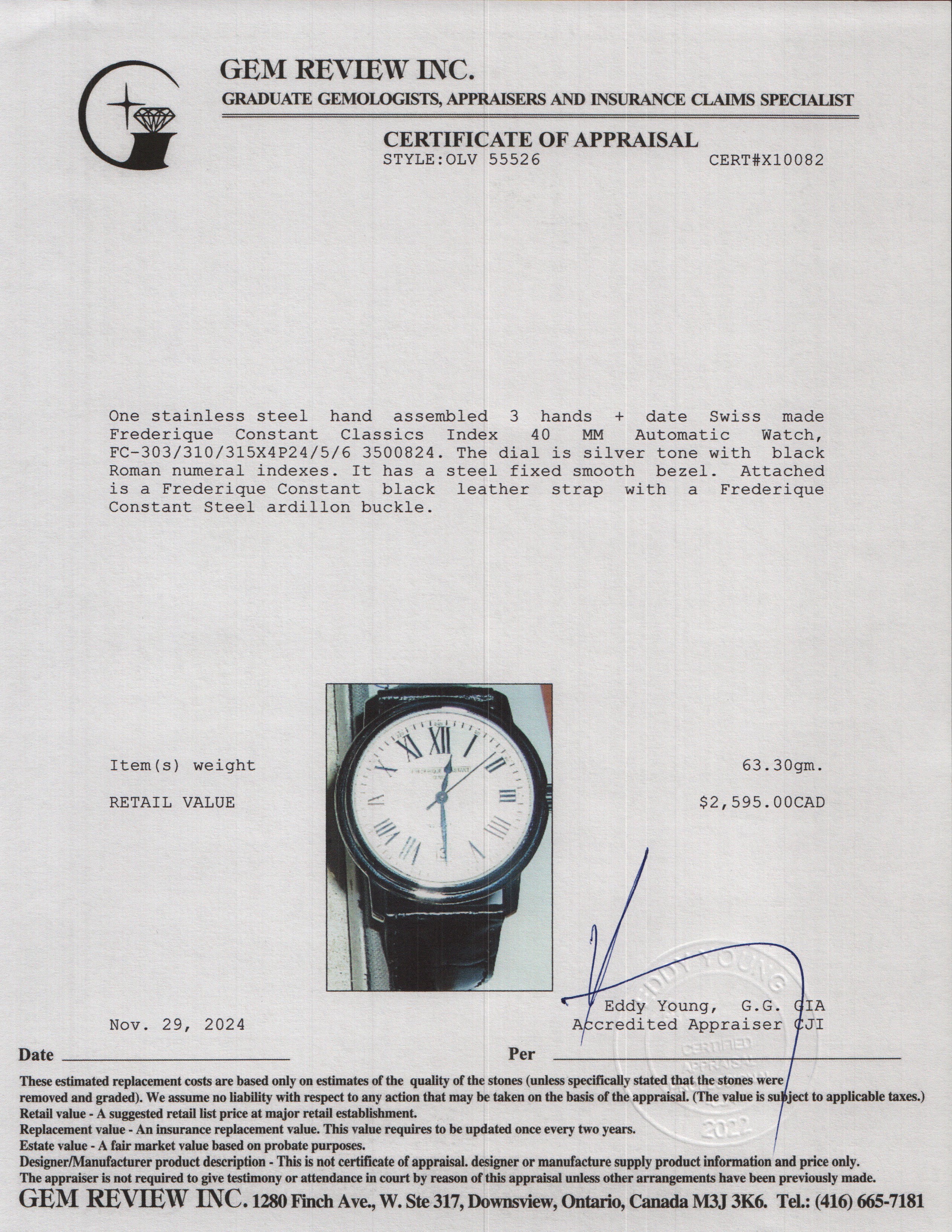 Frederique Constant Stainless Steel Classics Index 40 MM Automatic Watch w/ Box & Papers