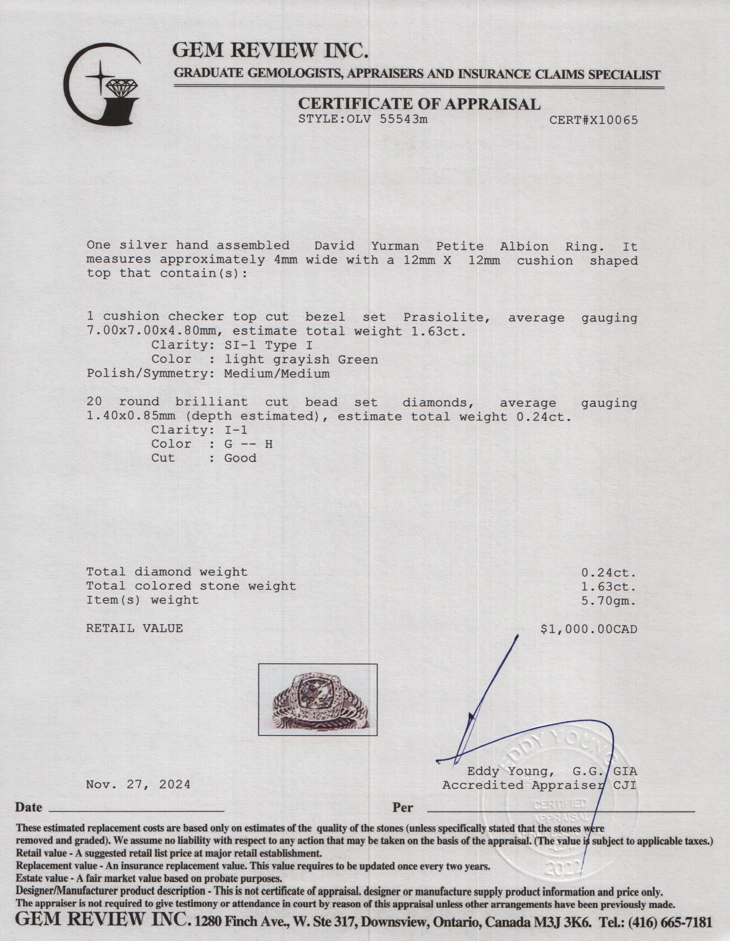 David Yurman Sterling Silver Petite Albion Ring with Prasiolite & Diamonds, Size 5