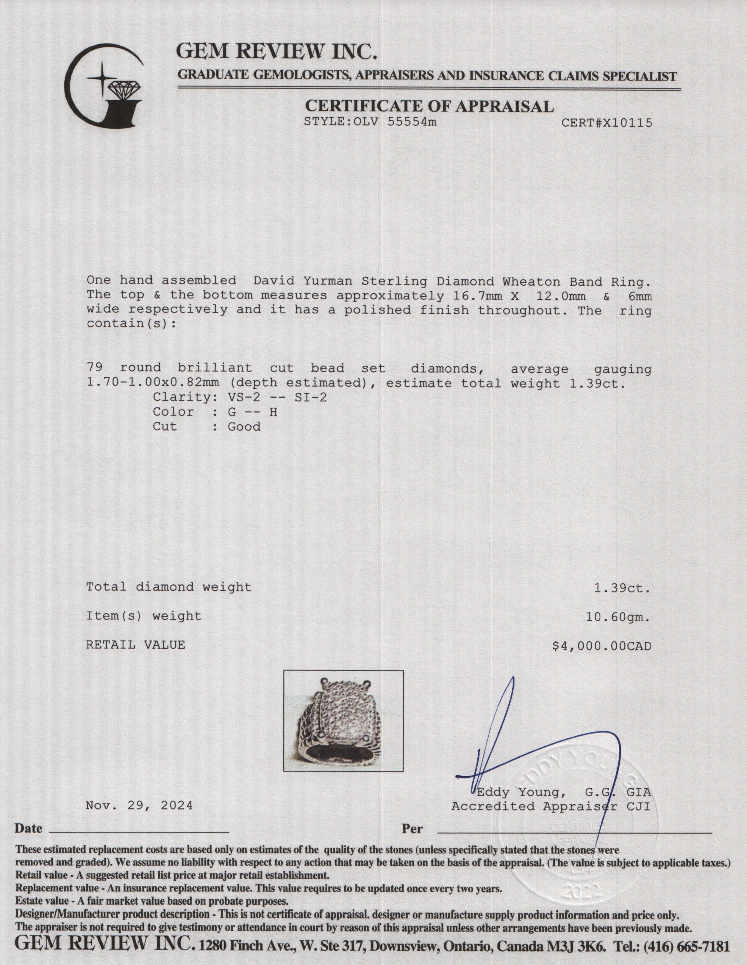 David Yurman Sterling Diamond Wheaton Band Ring, 16.7 MM Size 7