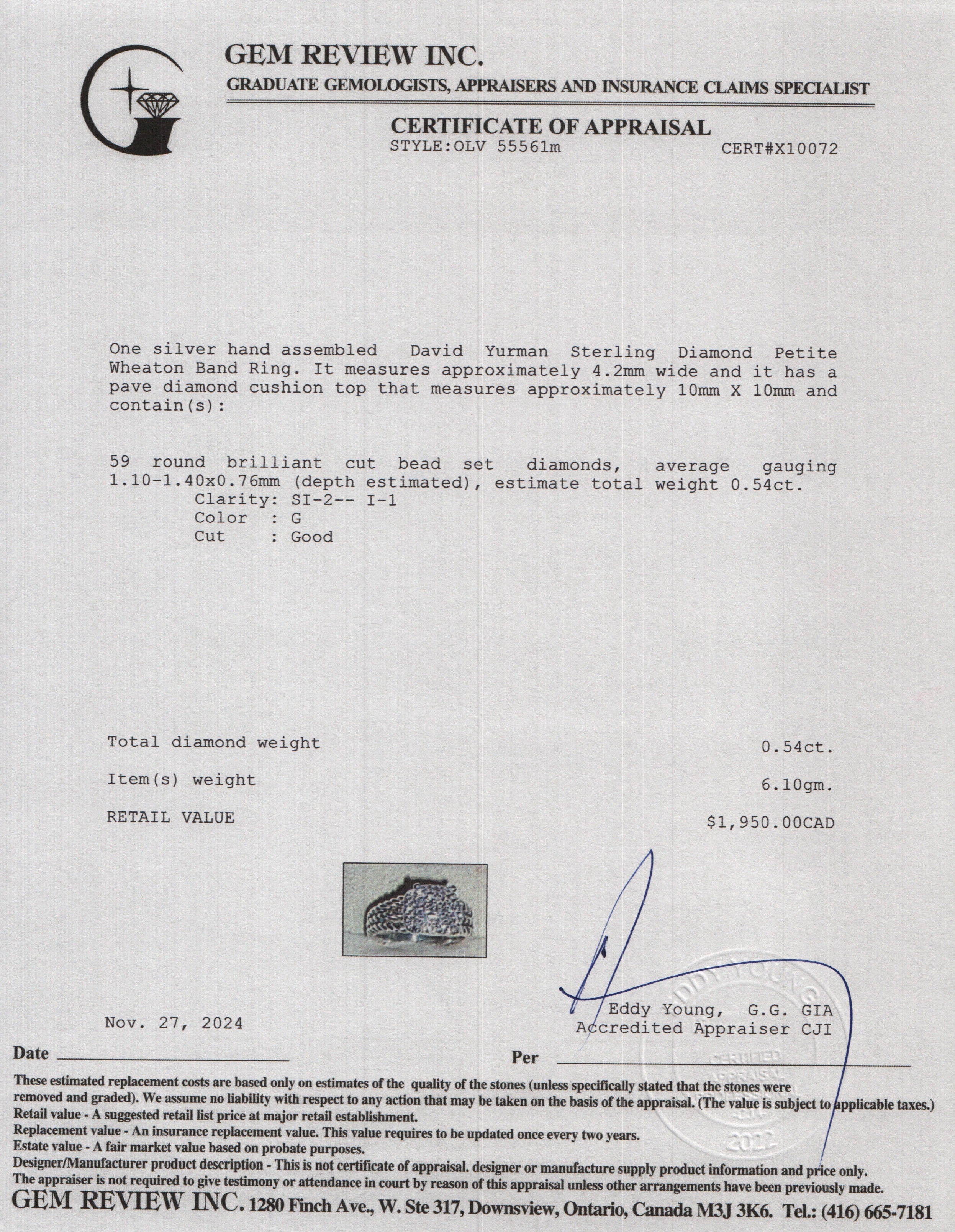 David Yurman Sterling Diamond Petite Wheaton Band Ring, 10 MM Size 6.75