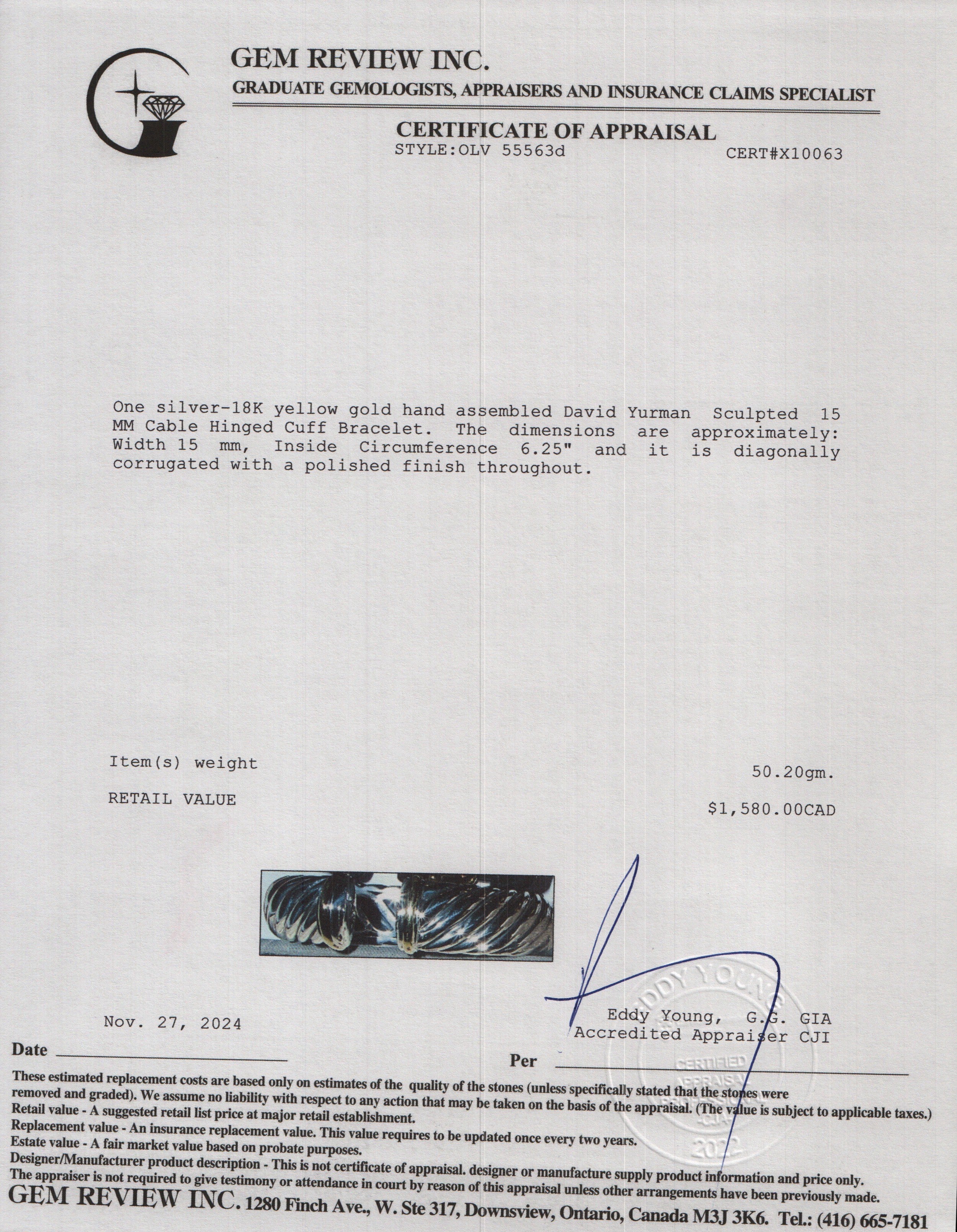 David Yurman Sterling Silver & 18k Yellow Gold Sculpted 15 MM Cable Hinged Cuff Bracelet