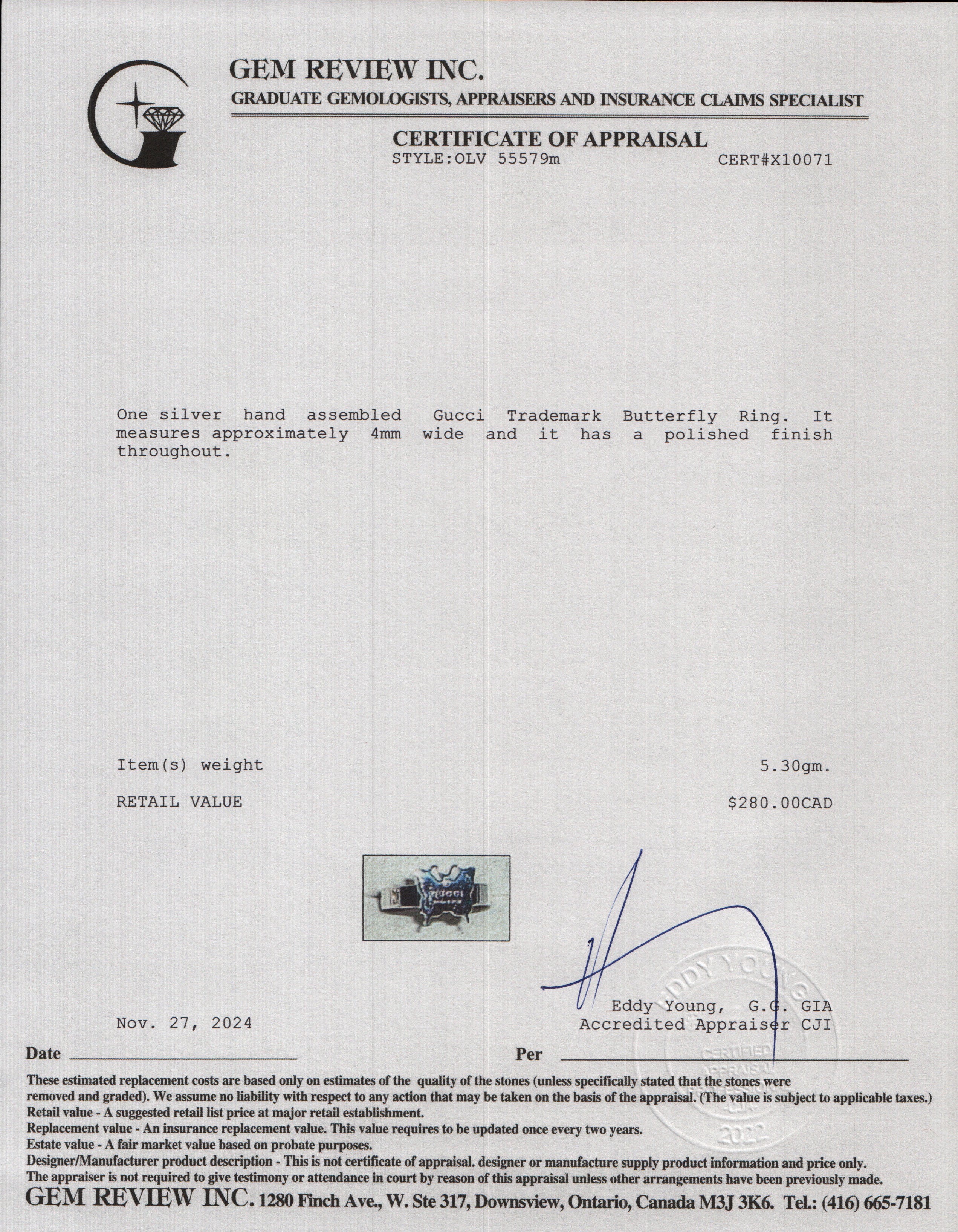 Gucci Sterling Silver Trademark Butterfly Ring, Size 5.75