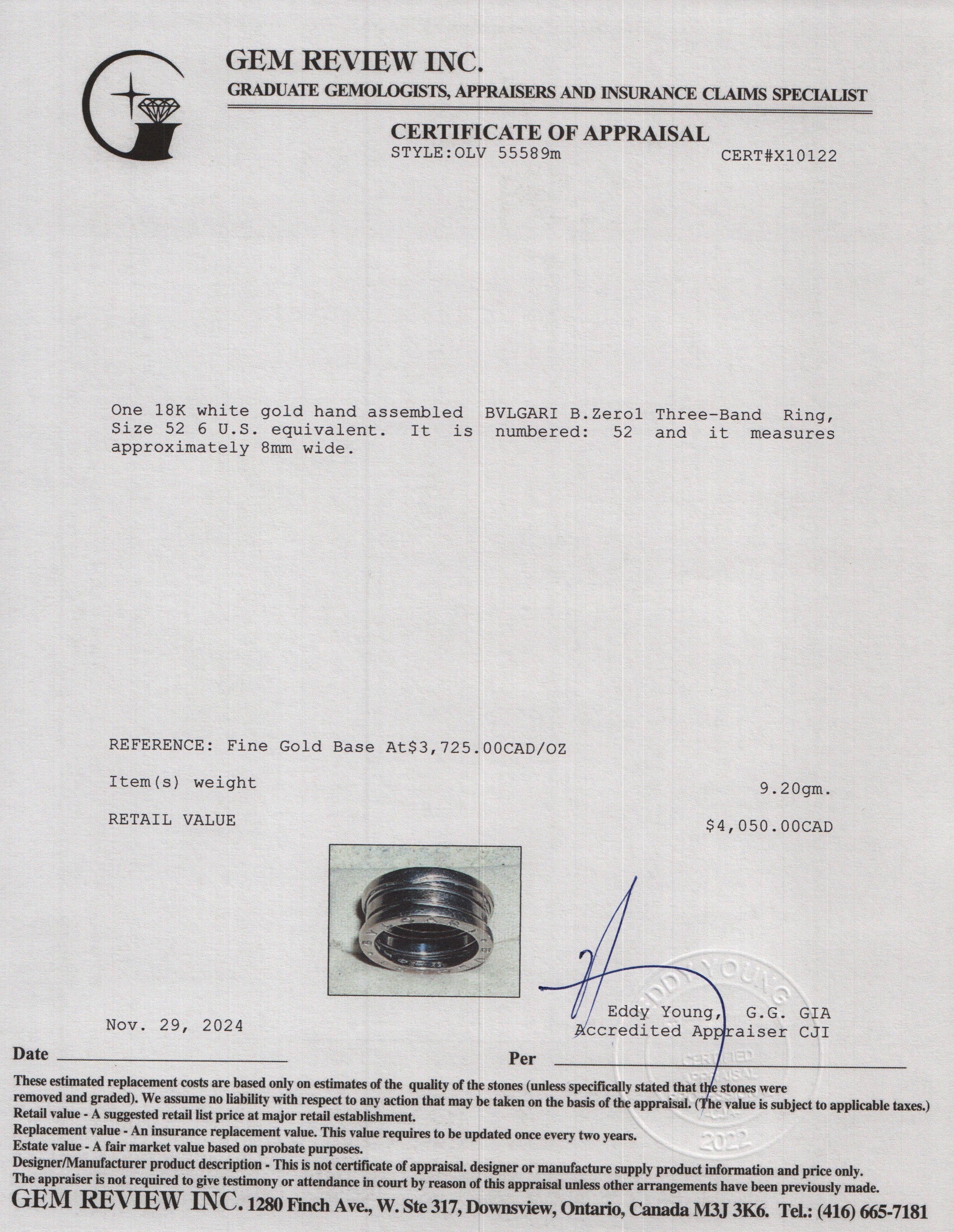 BVLGARI 18k White Gold B.Zero1 Three-Band Ring, Size 52 6