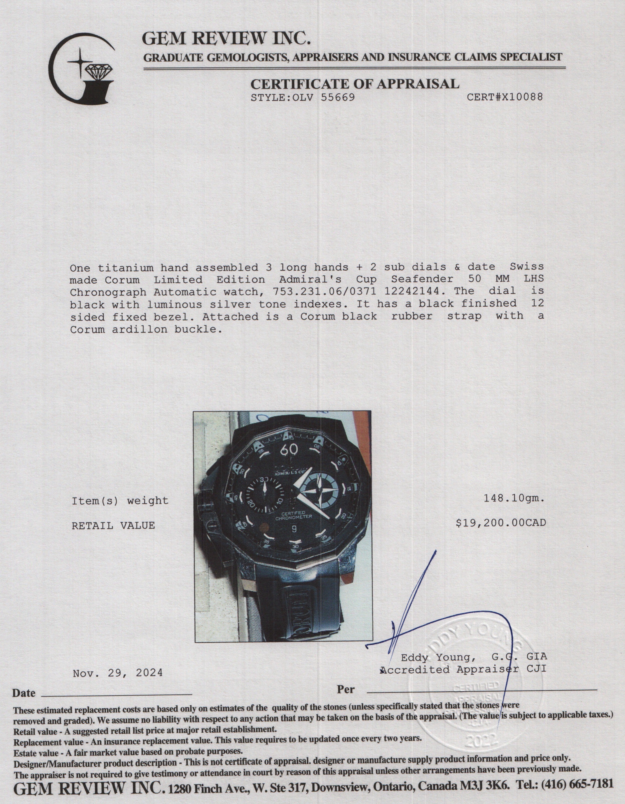 Corum Limited Edition Titanium Admiral's Cup Seafender 50 MM LHS Chronograph Automatic w/ Box & Papers