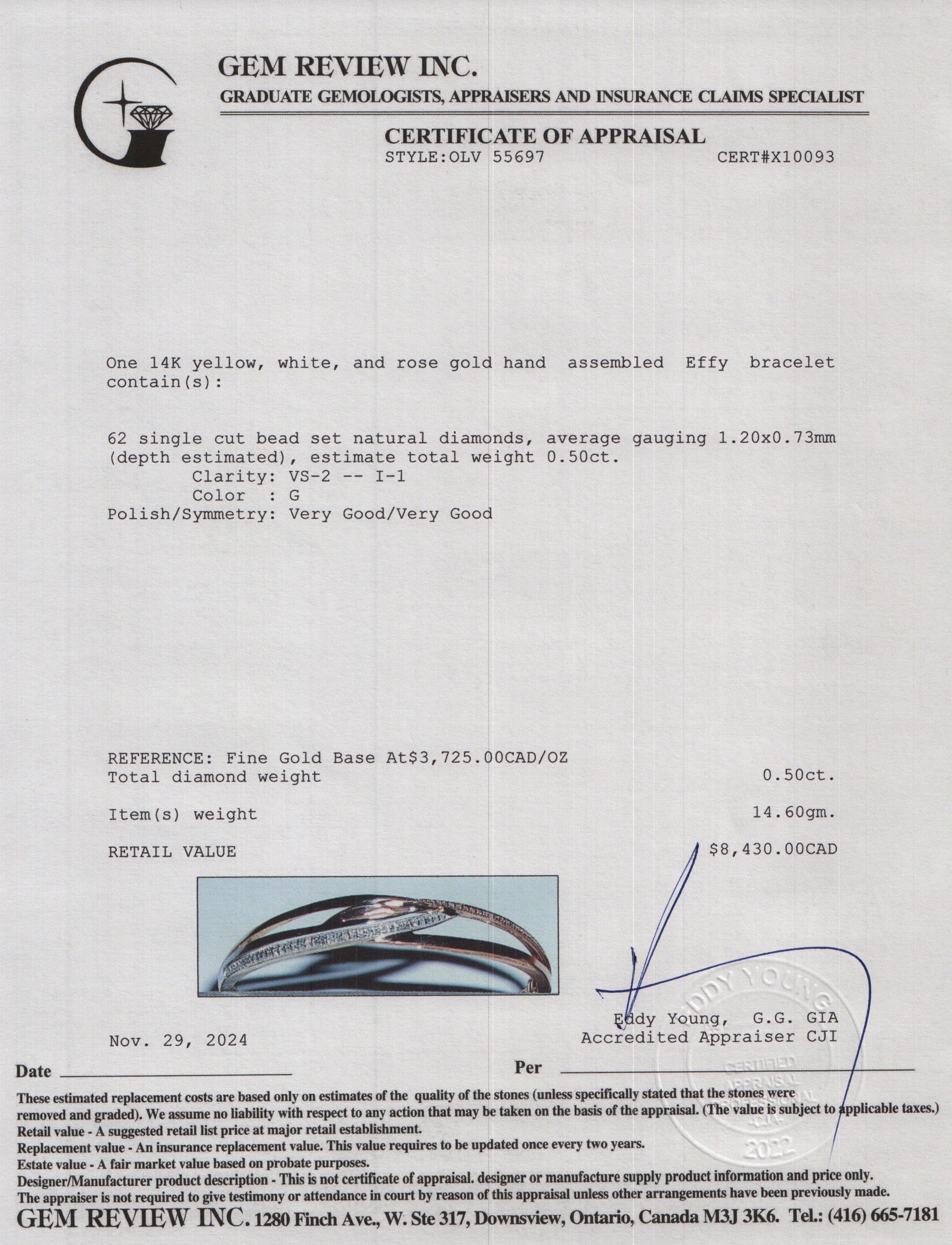 Effy 14k Yellow, White & Rose Gold Diamond Bangle Bracelet