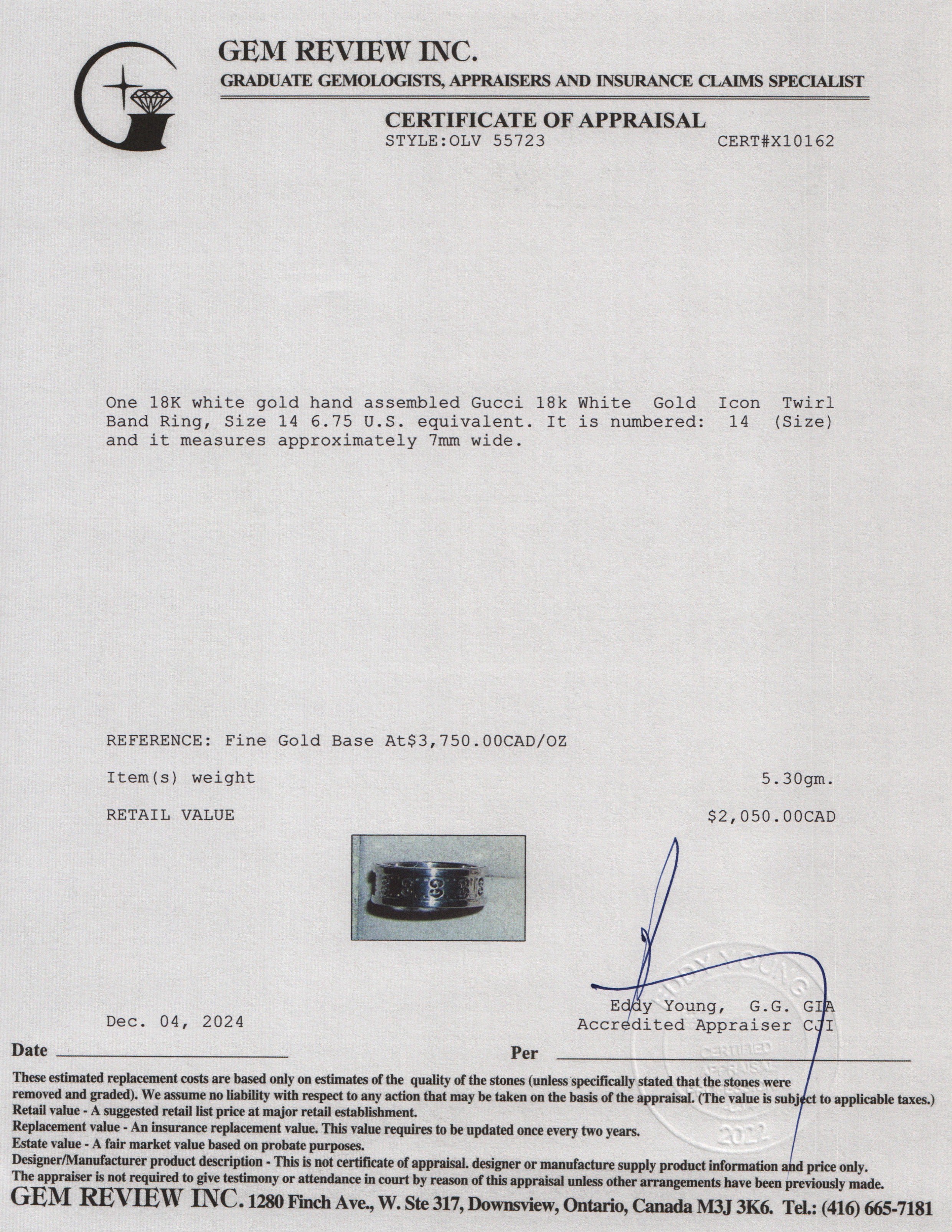 Gucci 18k White Gold Icon Twirl Band Ring, Size 14 6.75