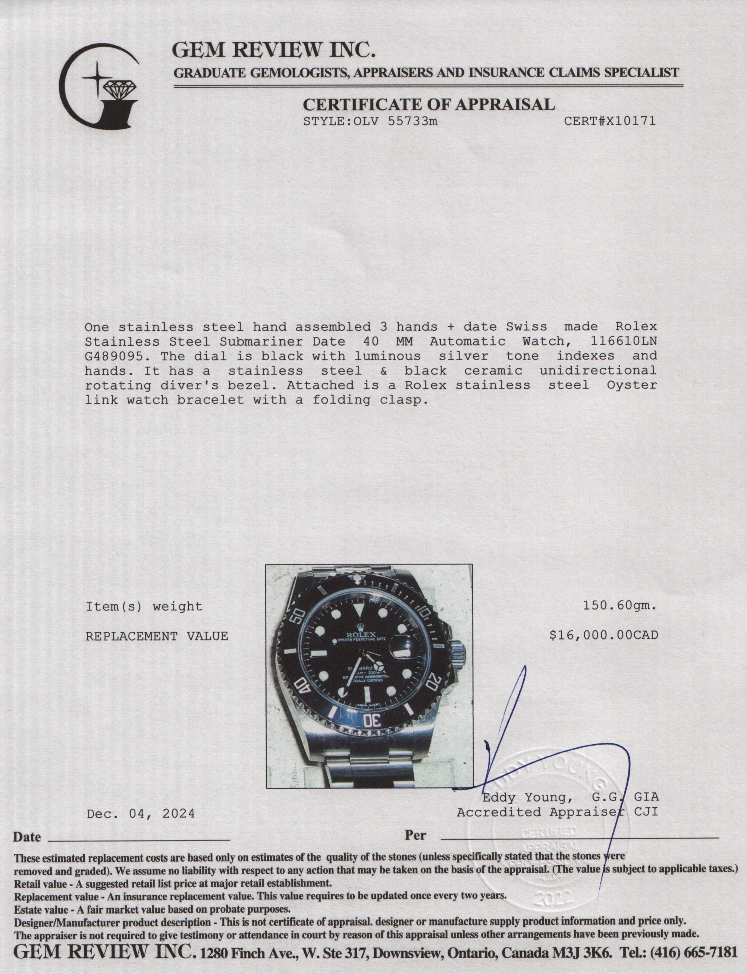 Rolex Stainless Steel Submariner Date 40 MM Automatic Watch 116610LN w/ Box & Papers