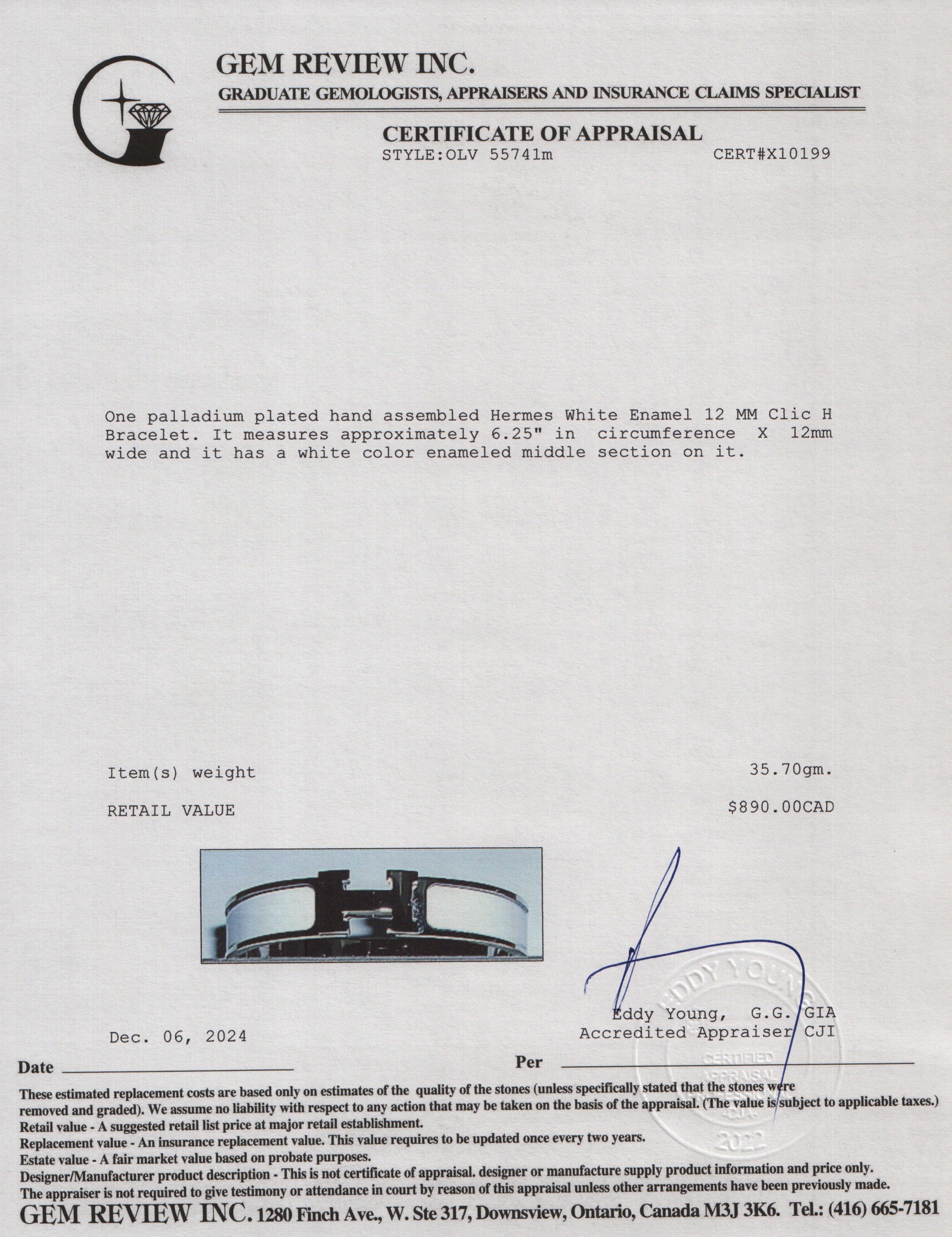 Hermes Palladium Plated White Enamel 12 MM Clic H Bracelet