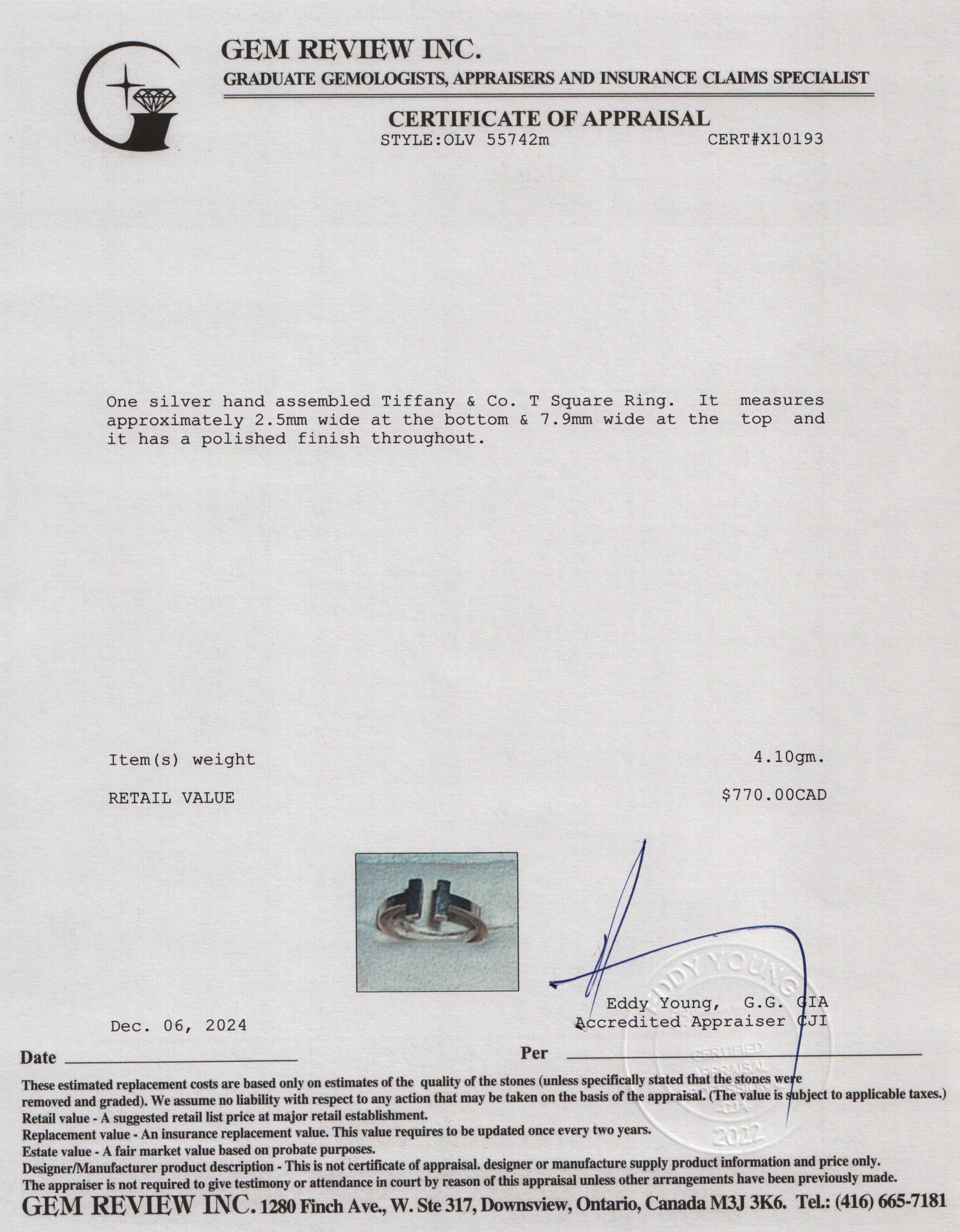 Tiffany & Co. Sterling Silver T Square Ring, Size 6.5