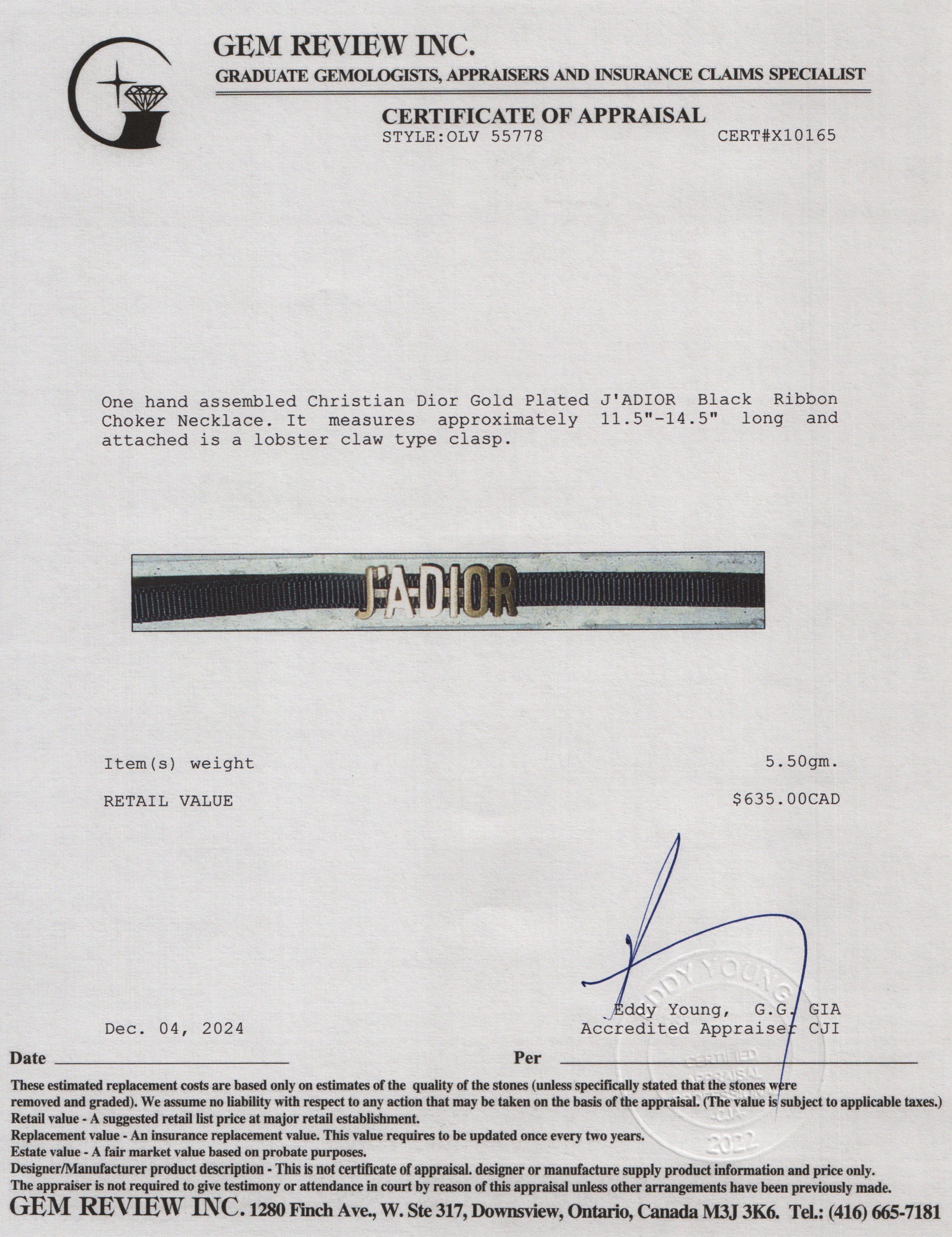 Christian Dior Gold Plated J'ADIOR Black Ribbon Choker Necklace