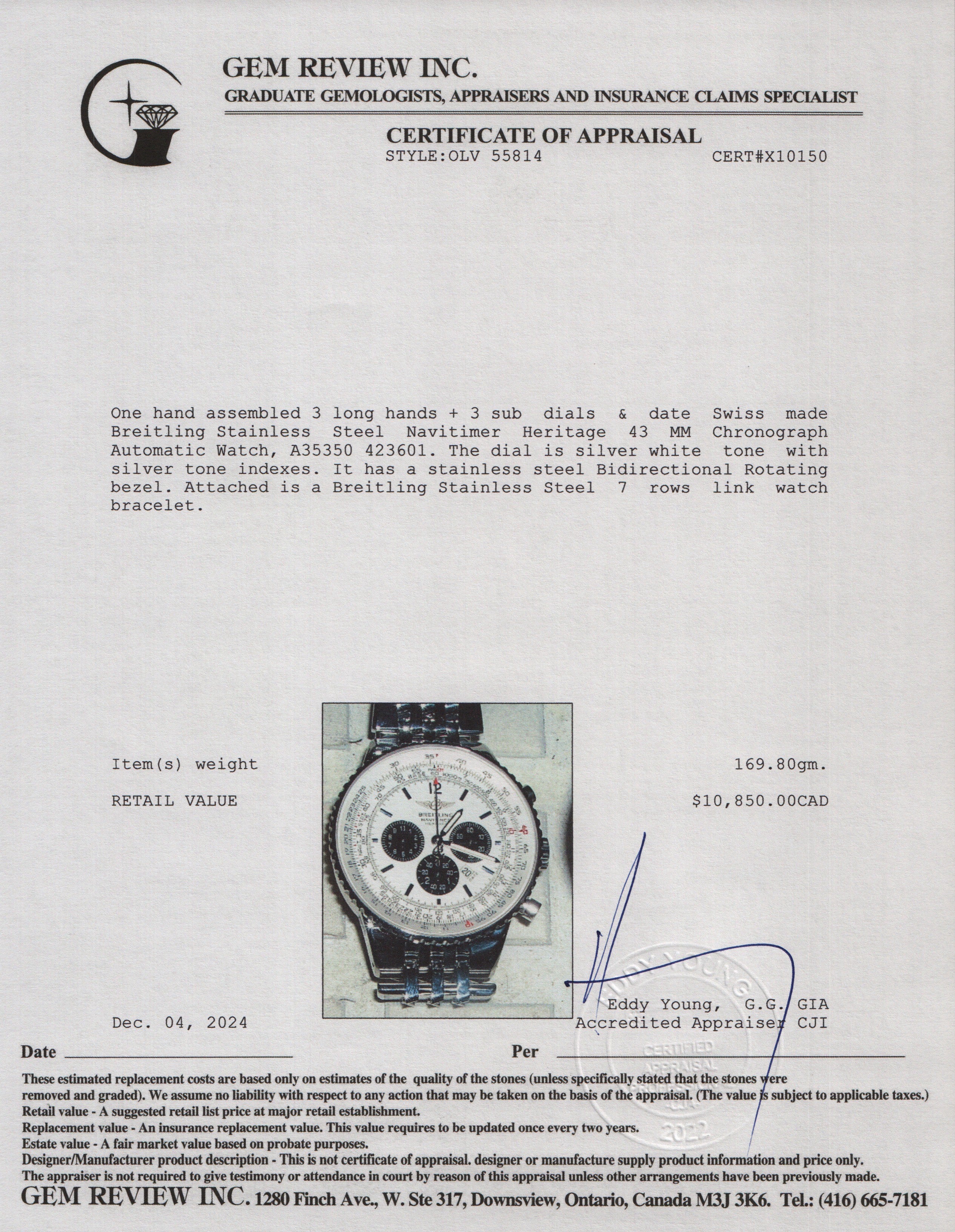 Breitling Stainless Steel Navitimer Heritage 43 MM Chronograph Automatic Watch A35350