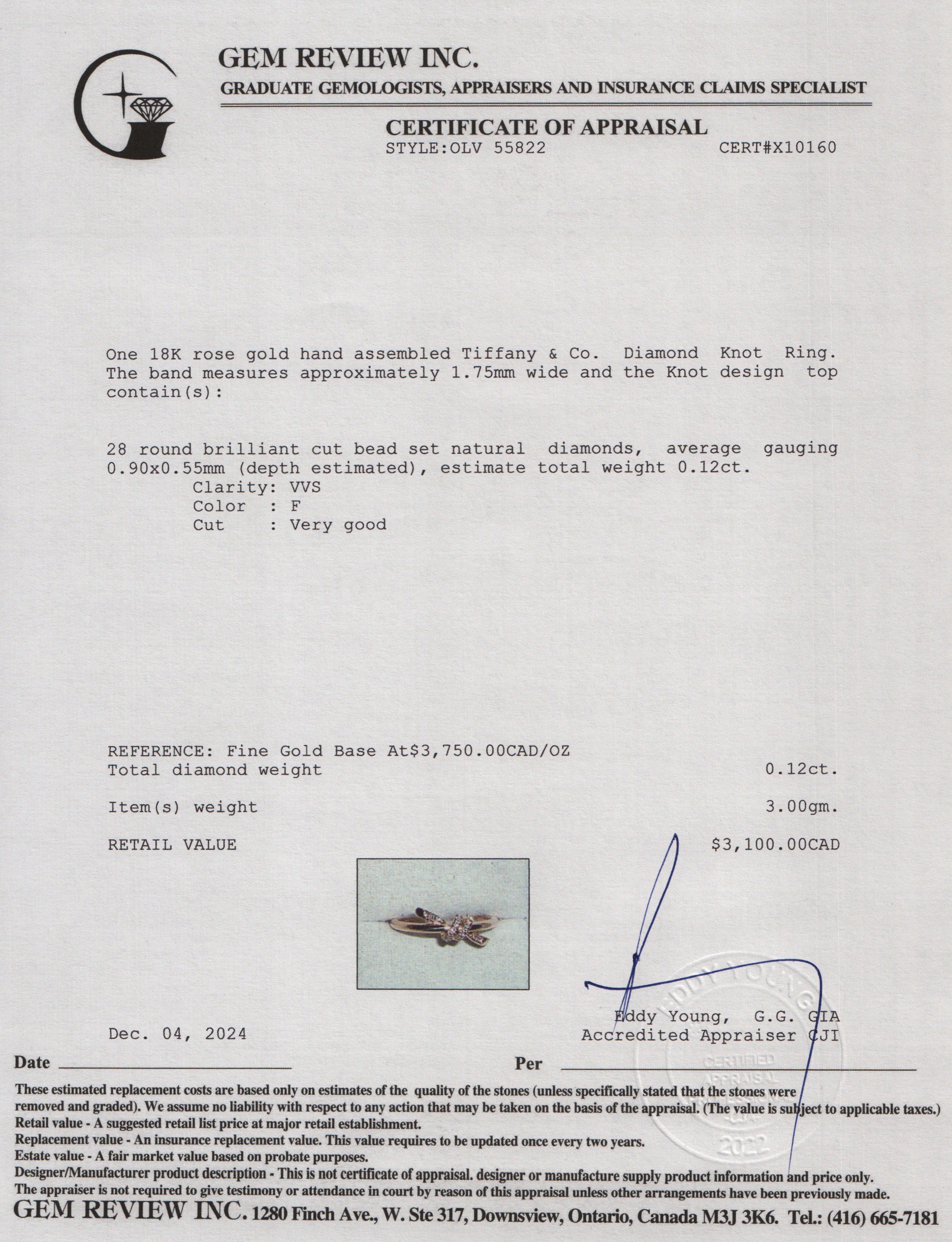 Tiffany & Co. 18k Rose Gold Diamond Knot Ring, Size 5.5 w/ Box