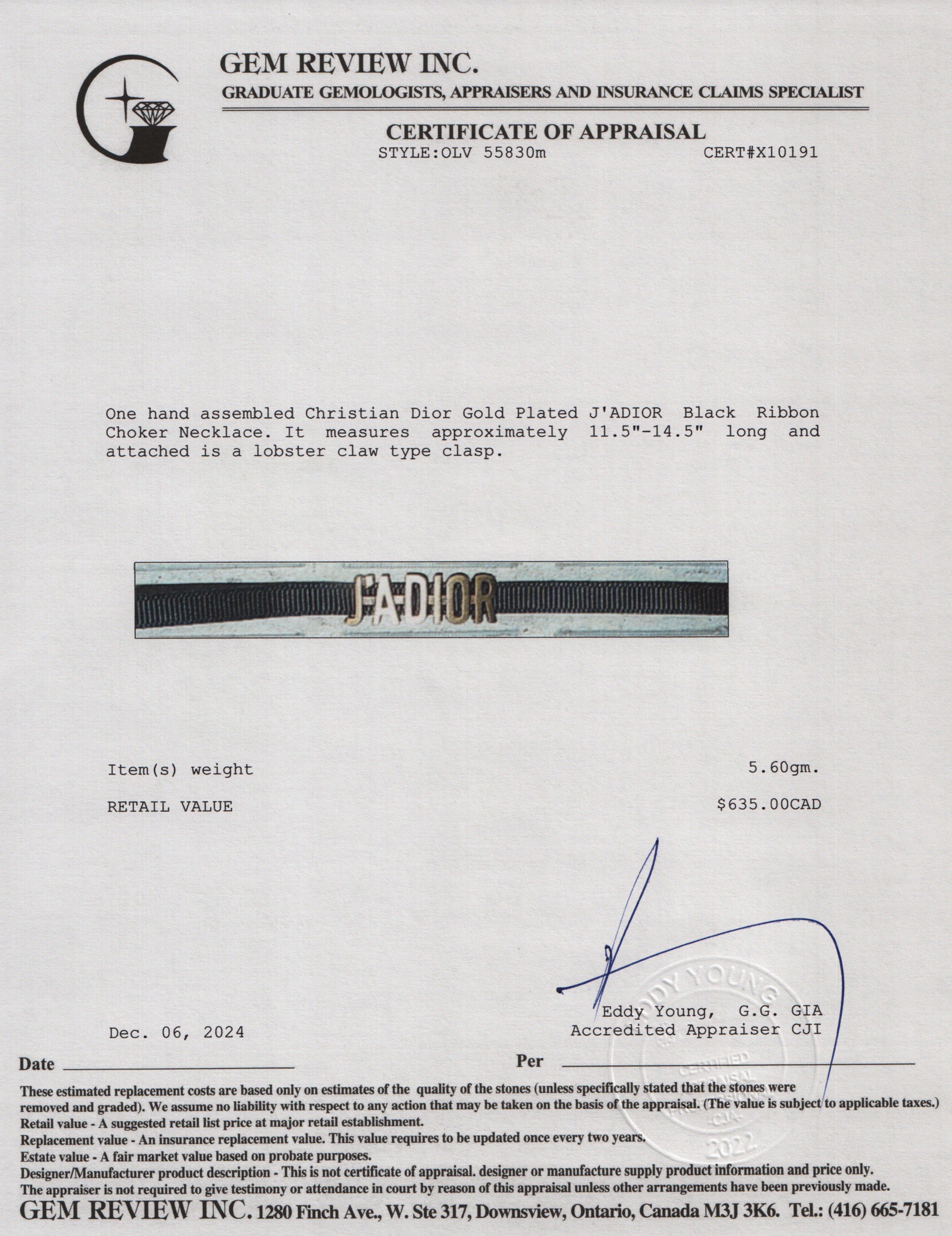 Christian Dior Gold Plated J'ADIOR Black Ribbon Choker Necklace w/ Box