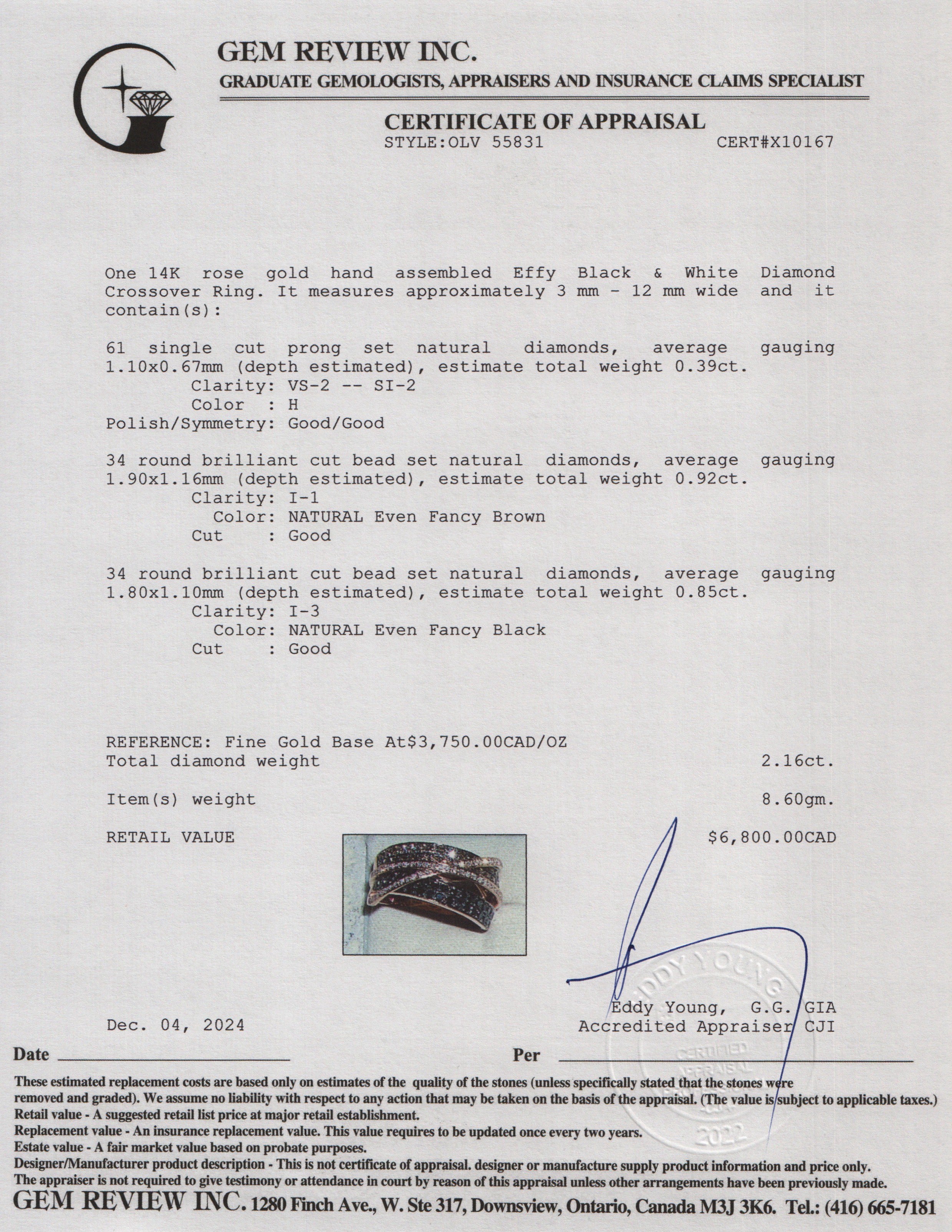 Effy 14k Rose Gold Black & White Diamond Crossover Ring, Size 11 w/ Receipt