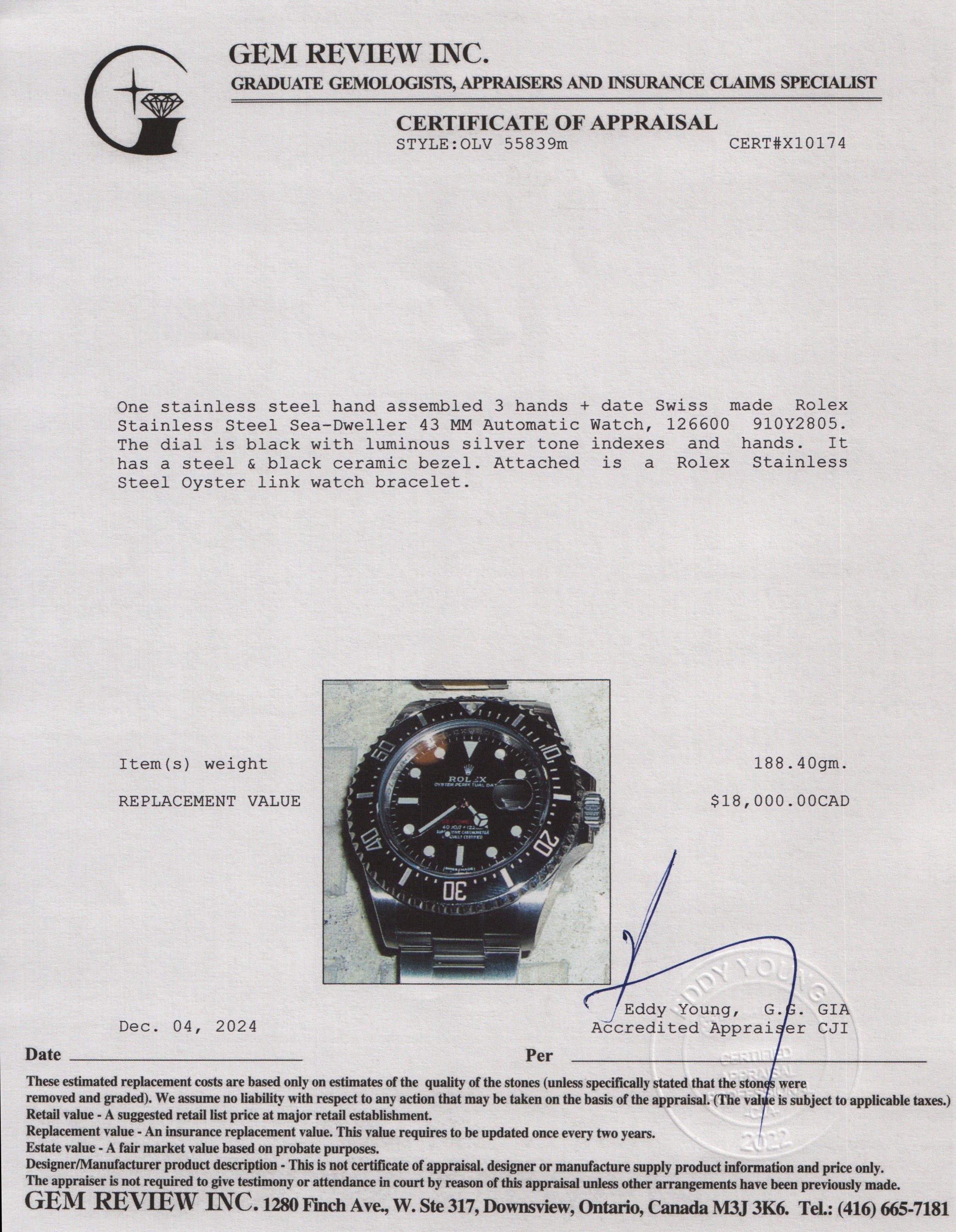 Rolex Stainless Steel Sea-Dweller 43 MM Automatic Watch 126600 w/ Box & Papers