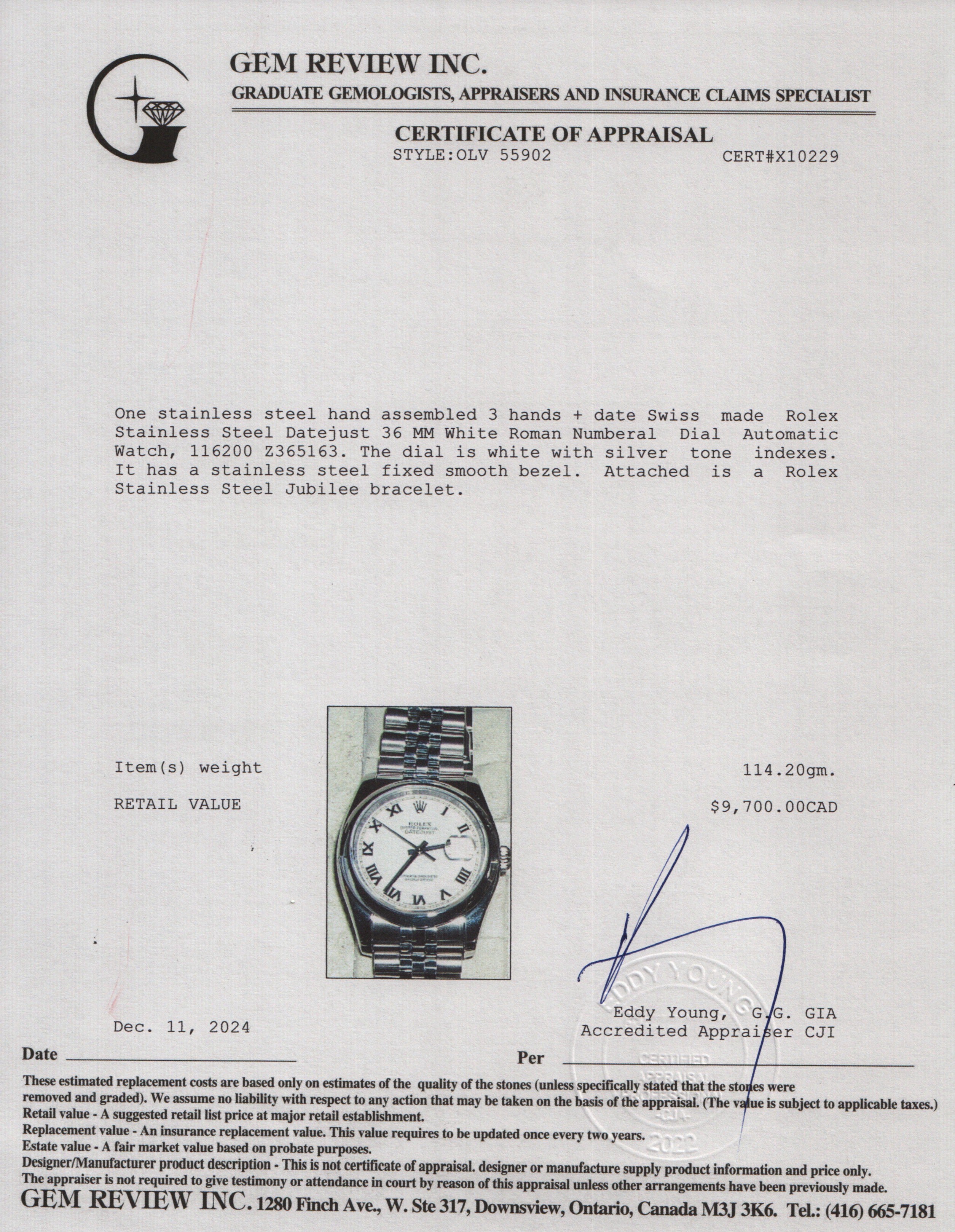 Rolex Stainless Steel Datejust 36 MM White Roman Numberal Dial Automatic Watch 116200