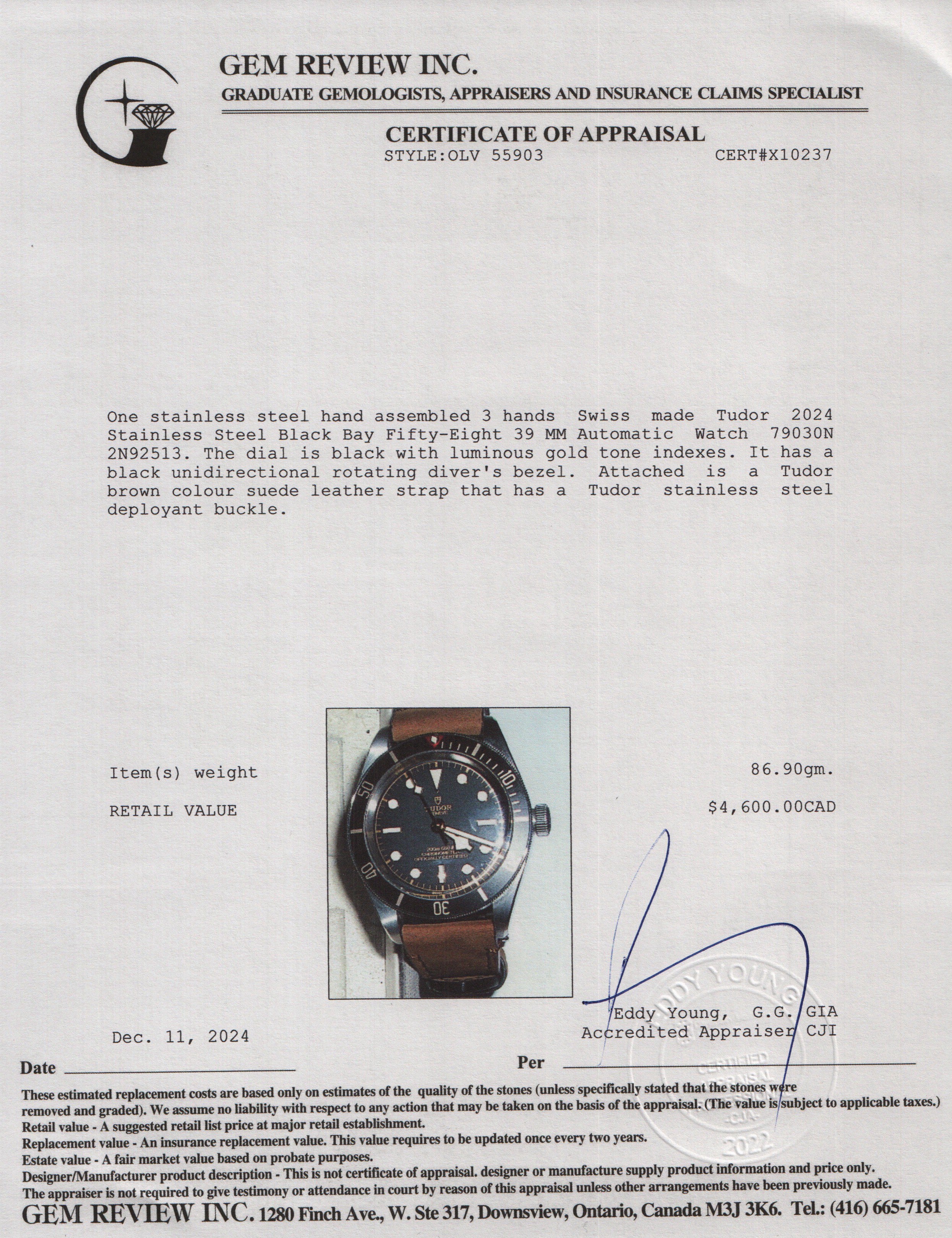 Tudor 2024 Stainless Steel Black Bay Fifty-Eight 39 MM Automatic Watch 79030N w/ Box & Papers