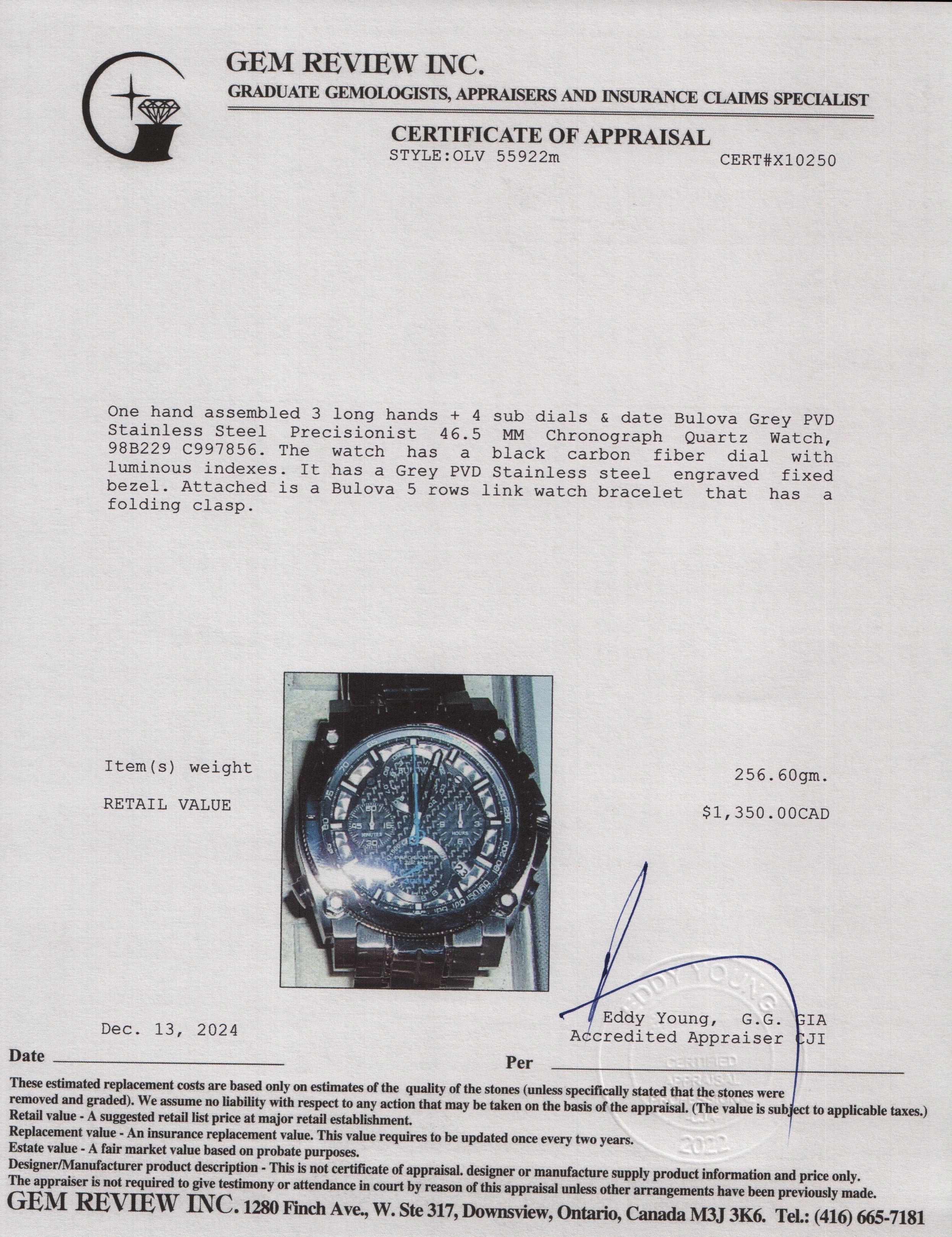 Bulova Grey PVD Stainless Steel Precisionist 46.5 MM Chronograph Quartz Watch 98B229 w/ Box