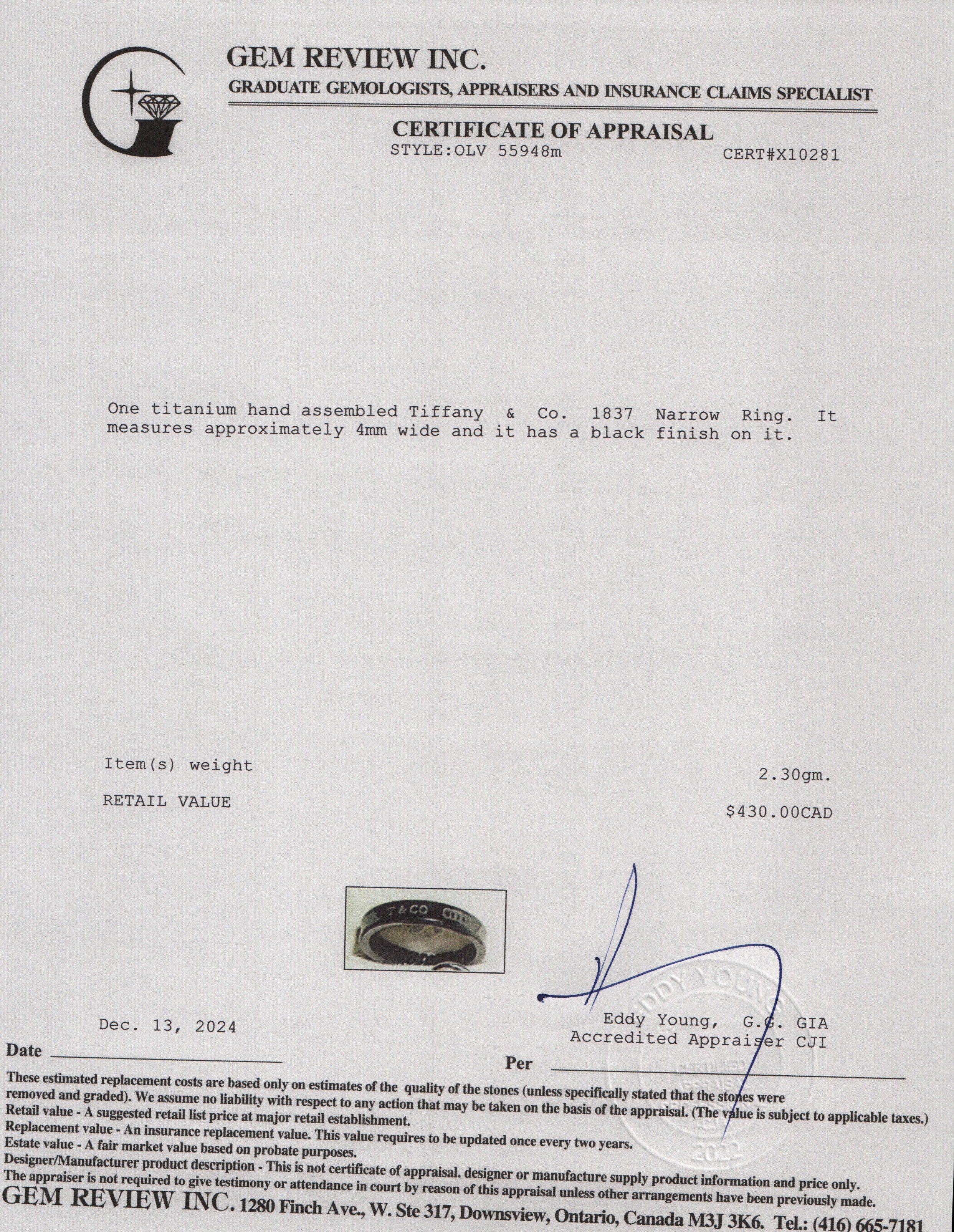 Tiffany & Co. Titanium 1837 Narrow Ring, Size 6.5