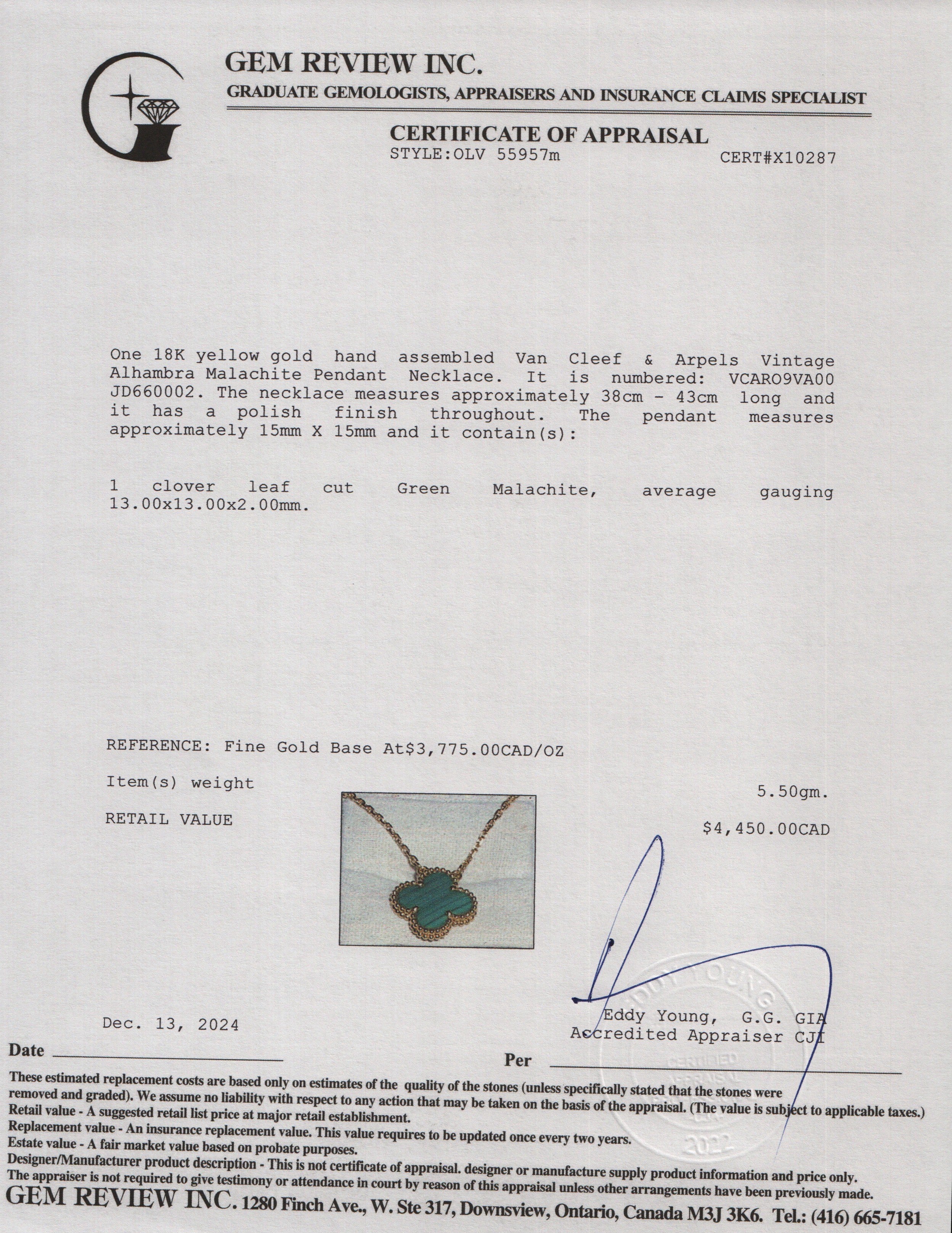 Van Cleef & Arpels 18k Yellow Gold Vintage Alhambra Malachite Pendant Necklace w/ Box & Certificate