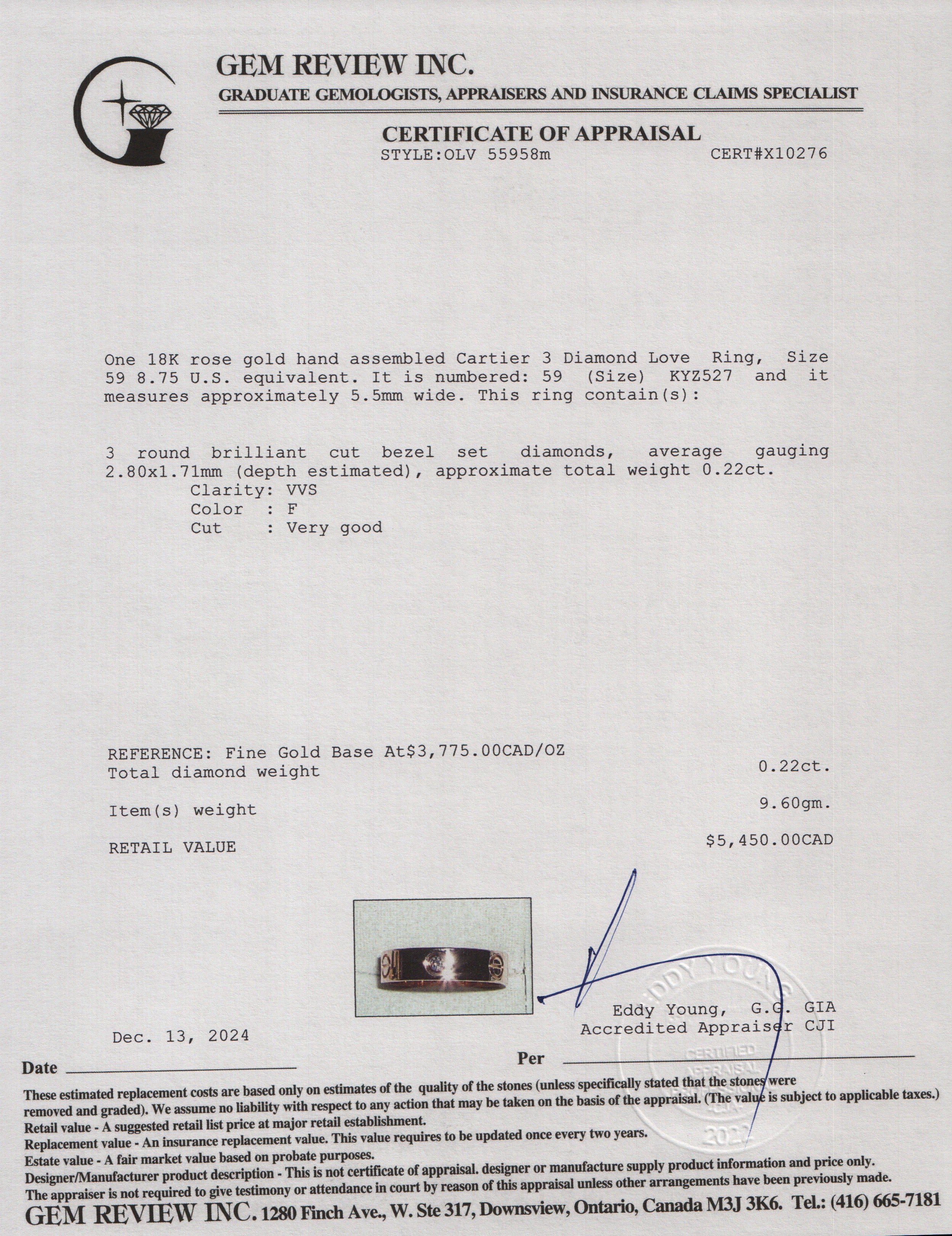 Cartier 18k Rose Gold 3 Diamond Love Ring, Size 59 8.75 w/ Box