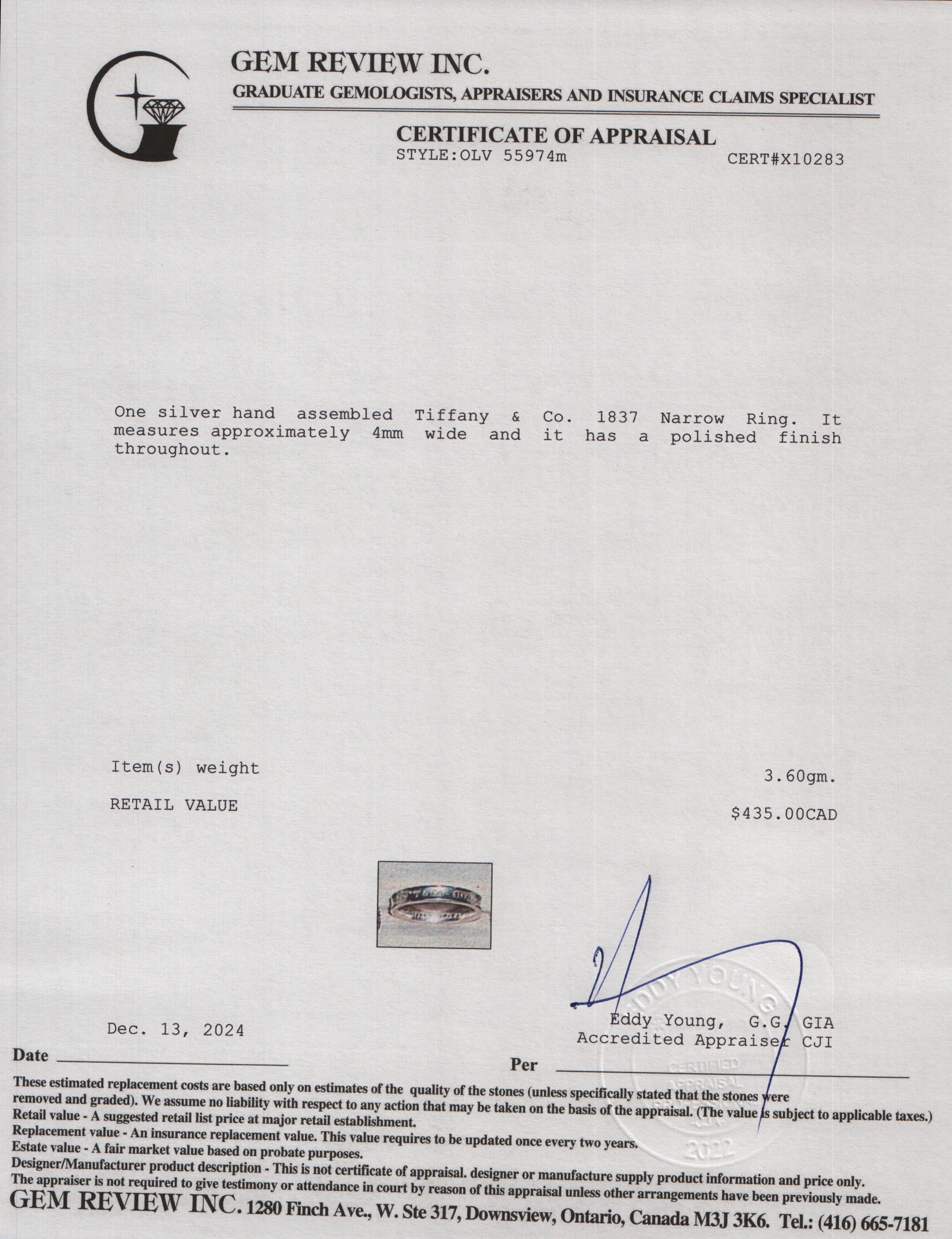 Tiffany & Co. Sterling Silver 1837 Narrow Ring, Size 5