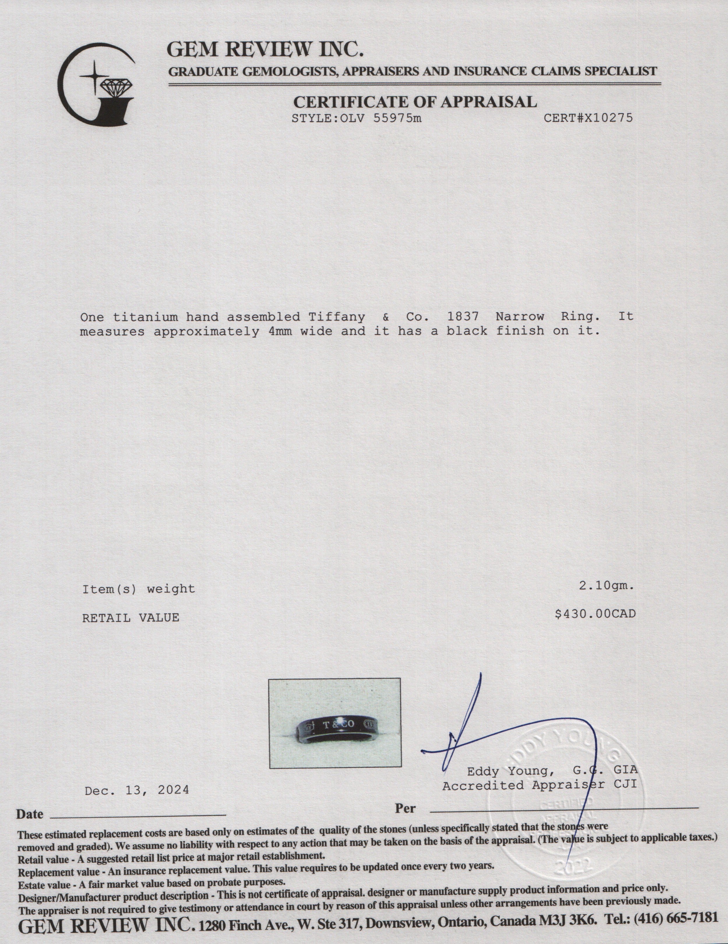 Tiffany & Co. Titanium 1837 Narrow Ring, Size 4