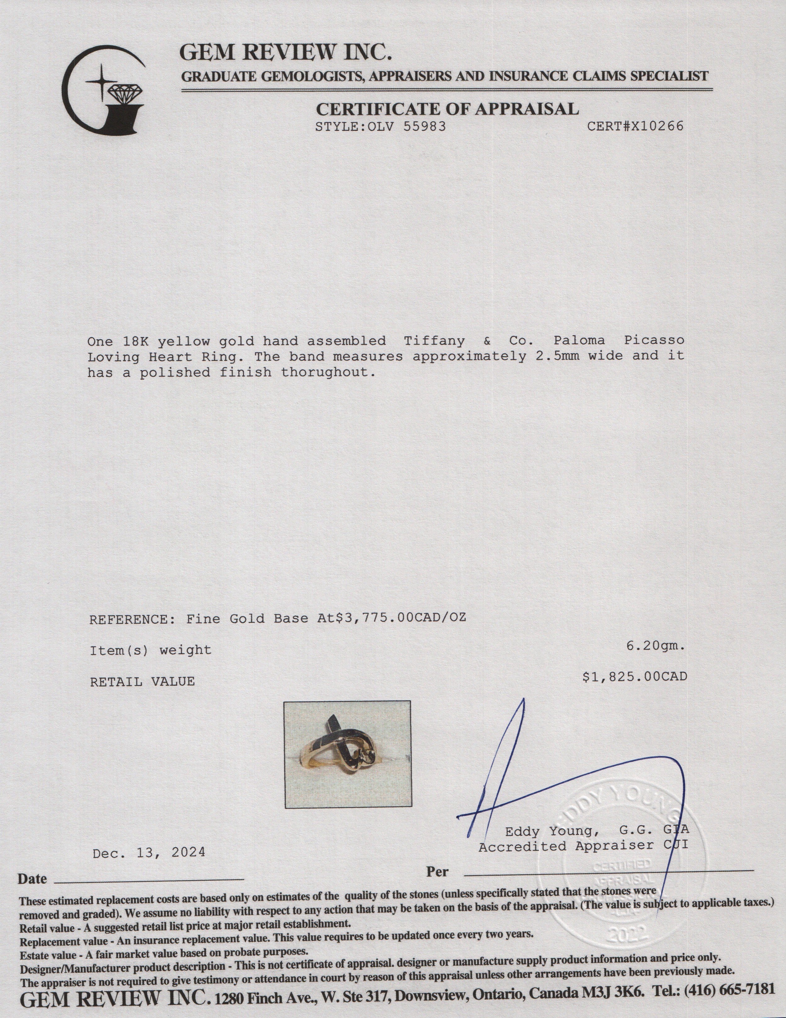 Tiffany & Co. Paloma Picasso 18k Yellow Gold Loving Heart Ring, Size 5.5 w/ Box