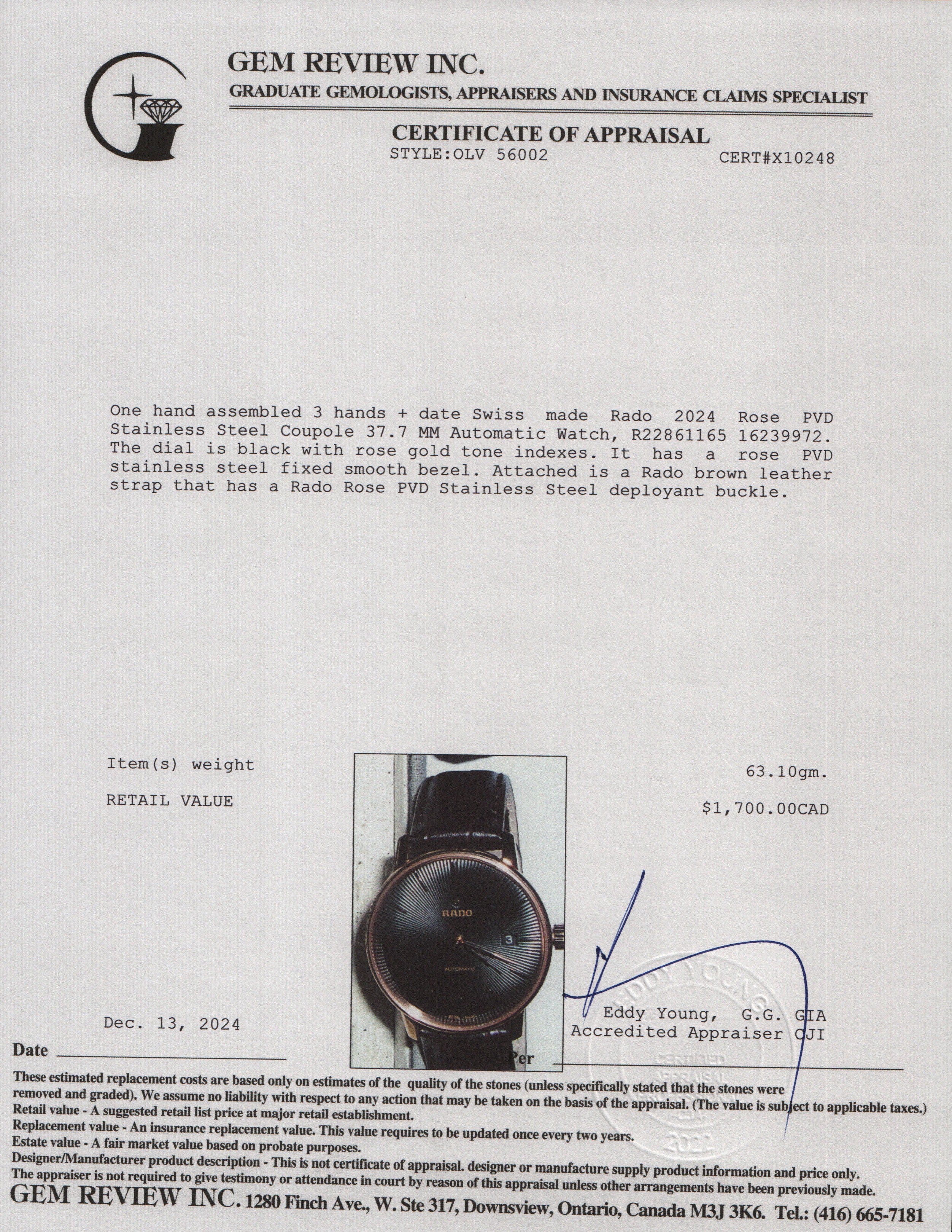 Rado 2024 Rose PVD Stainless Steel Coupole 37.7 MM Automatic Watch w/ Case & Papers