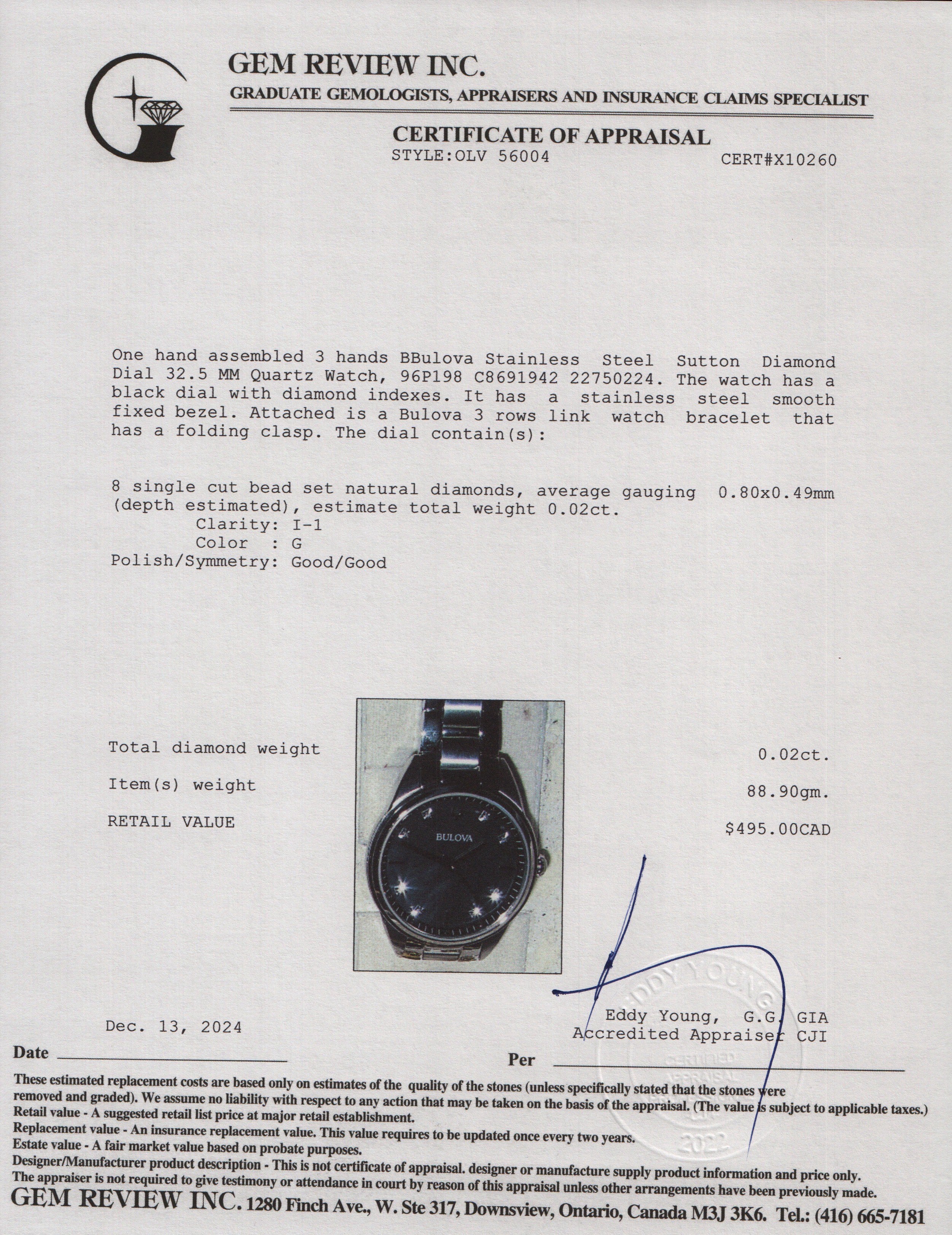 Bulova Stainless Steel Sutton Diamond Dial 32.5 MM Quartz Watch w/ Box