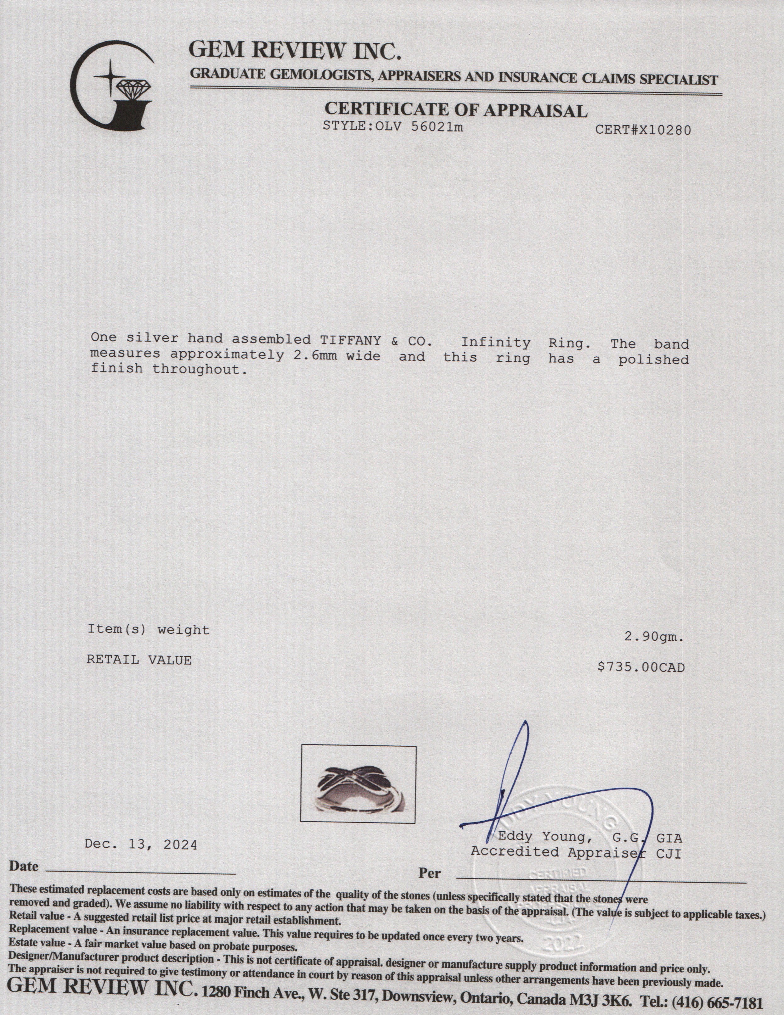 Tiffany & Co. Sterling Silver Infinity Ring, Size 5