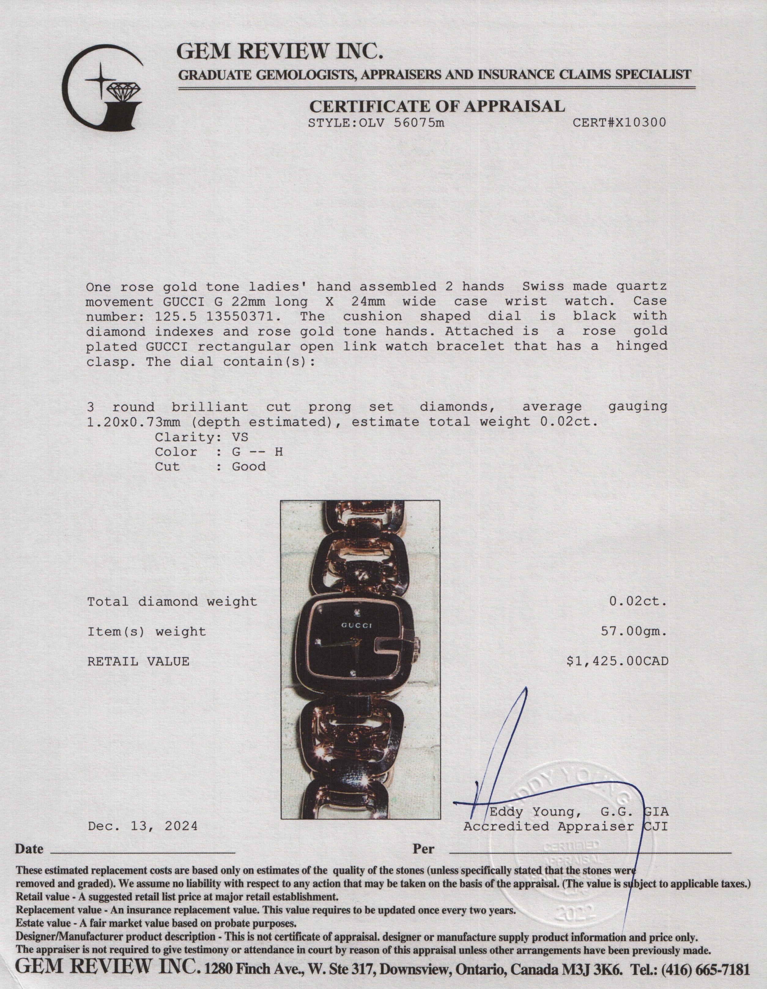 Gucci Gold Plated Stainless Steel G-Gucci Black Diamond Dial Watch w/ Box & Papers