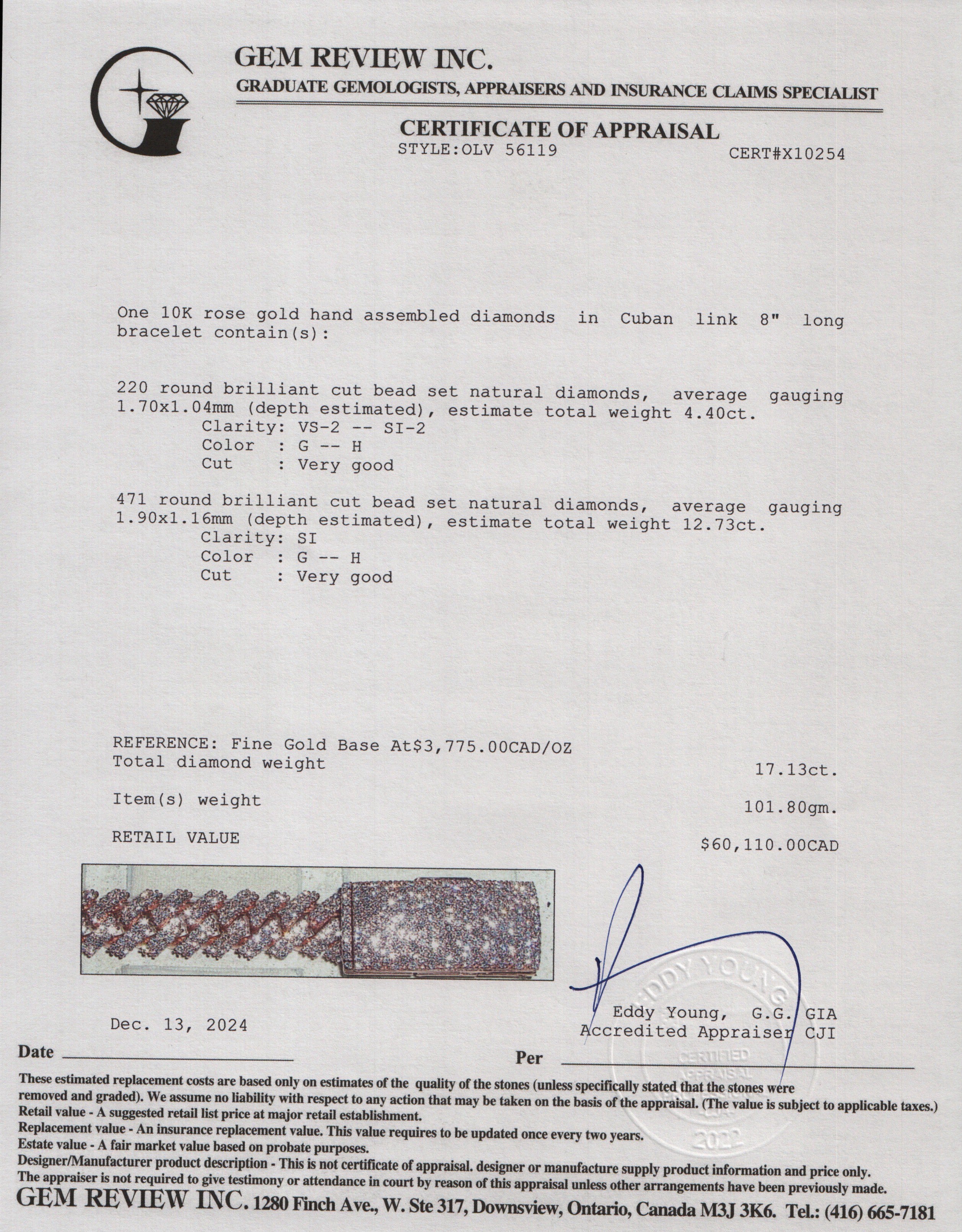 10k Rose Gold 17.13 tcw. Diamond Cuban Link Bracelet