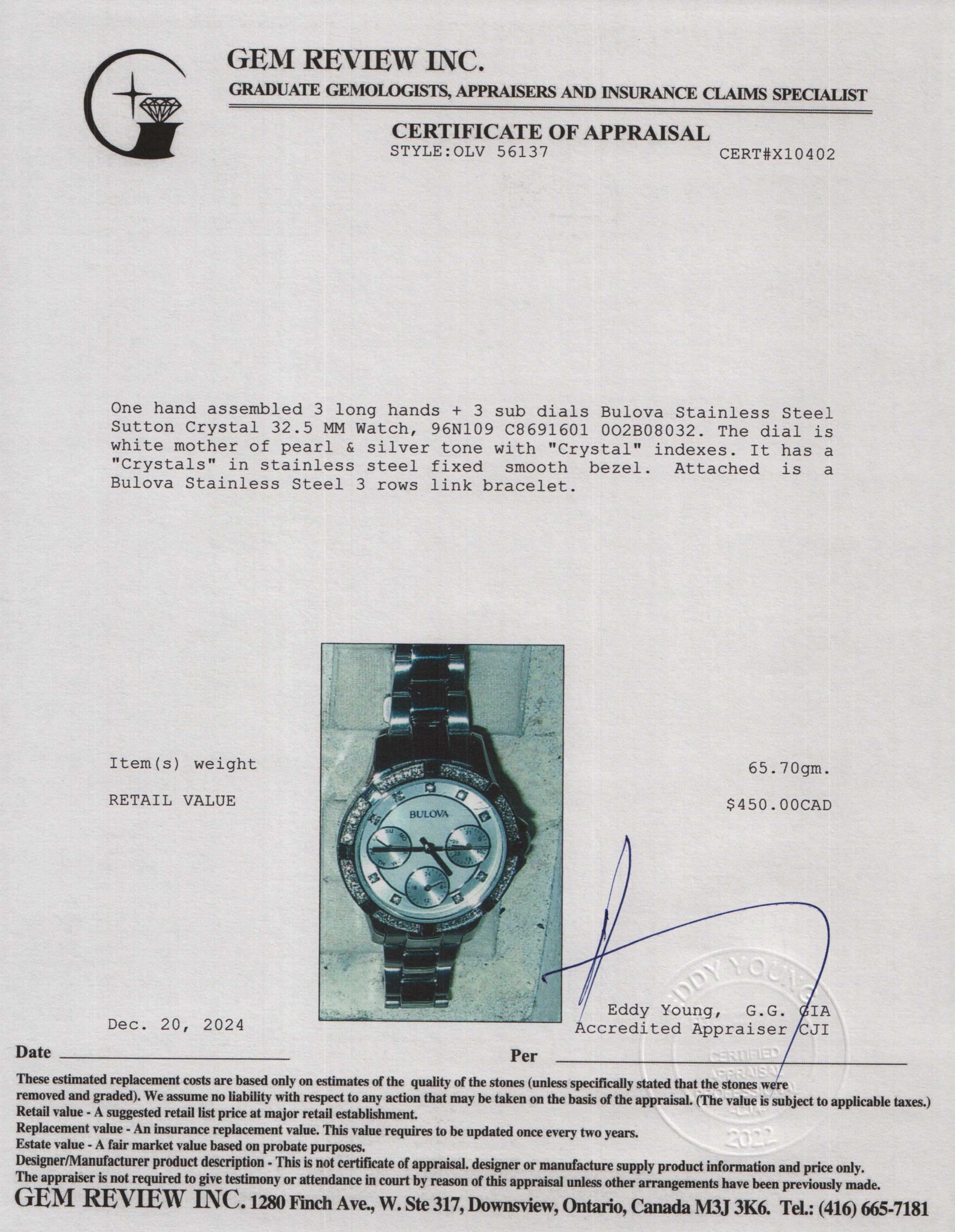 Bulova Stainless Steel Sutton Crystal 32.5 MM Watch w/ Box