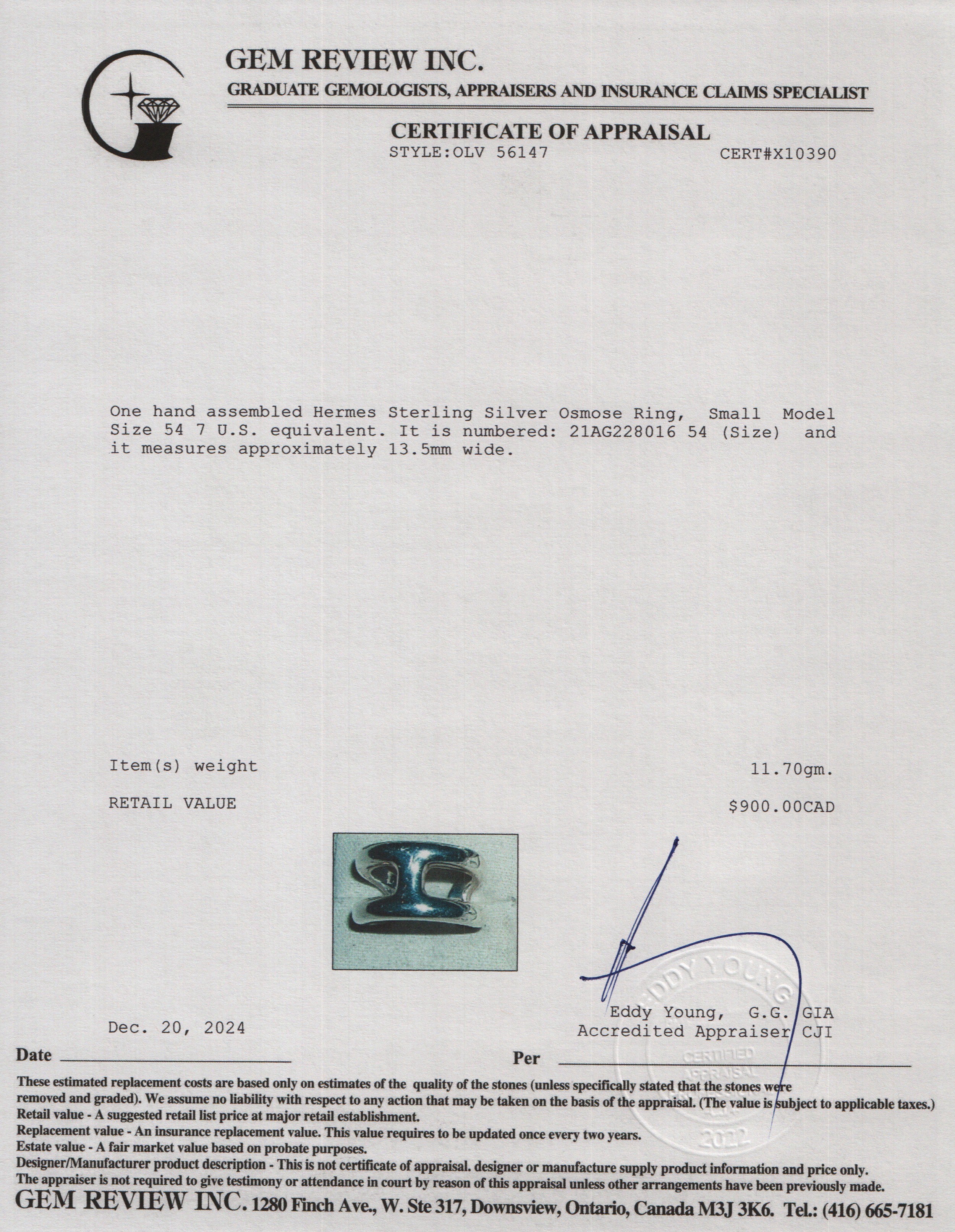 Hermes Sterling Silver Osmose Ring, Small Model Size 54 7