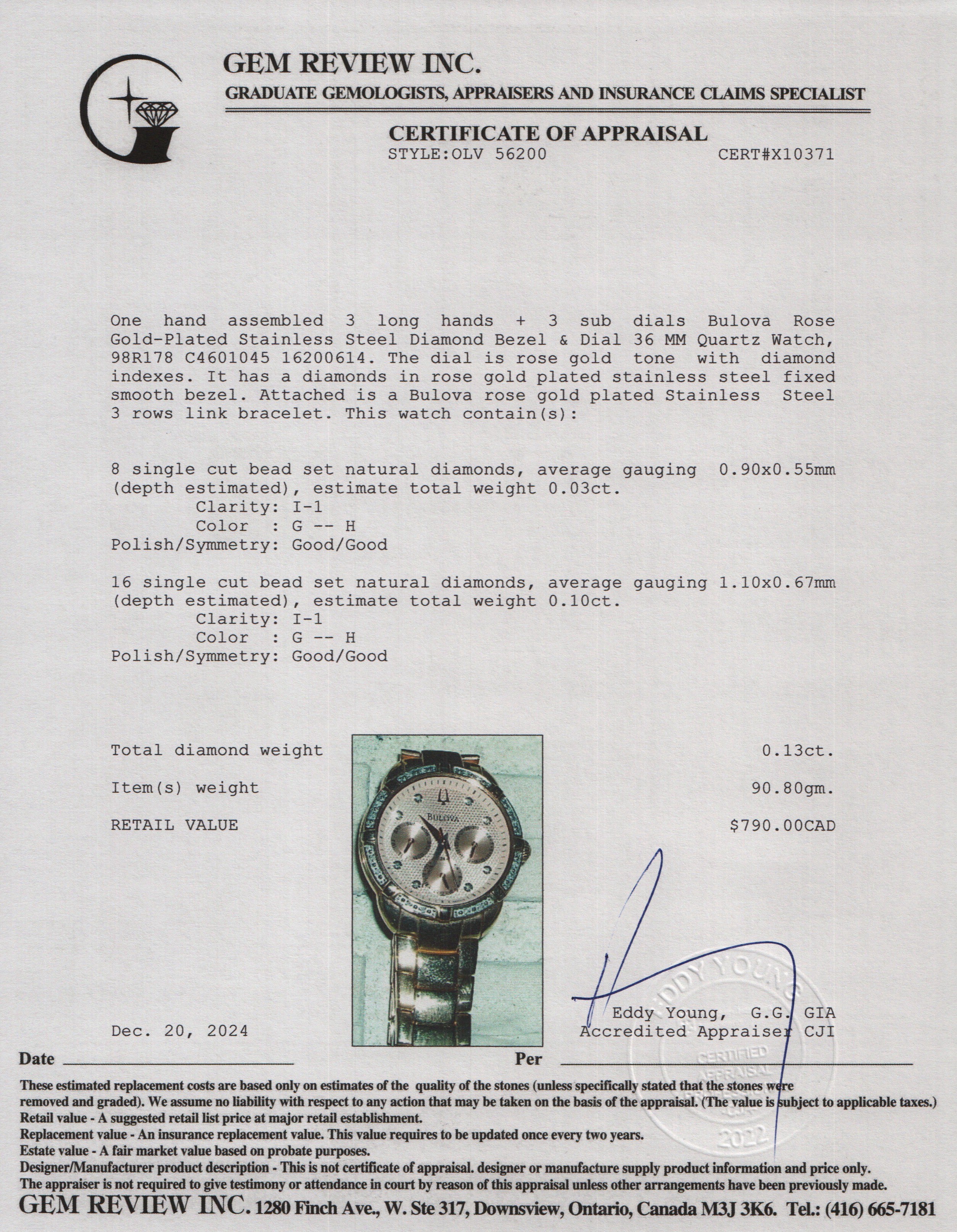 Bulova Rose Gold-Plated Stainless Steel Diamond Bezel & Dial 36 MM Quartz Watch 98R178