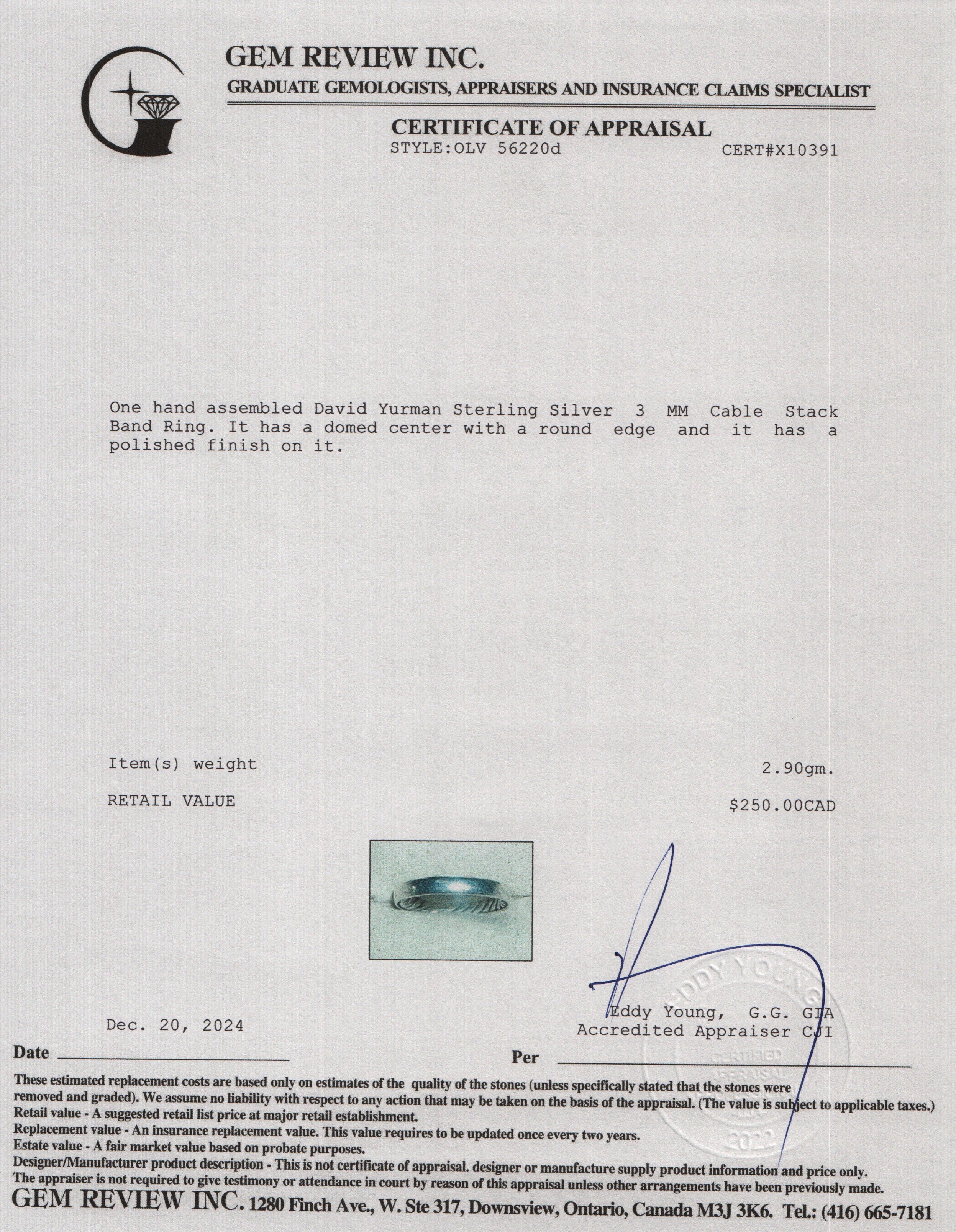 David Yurman Sterling Silver 3 MM Cable Stack Band Ring, Size 5.75