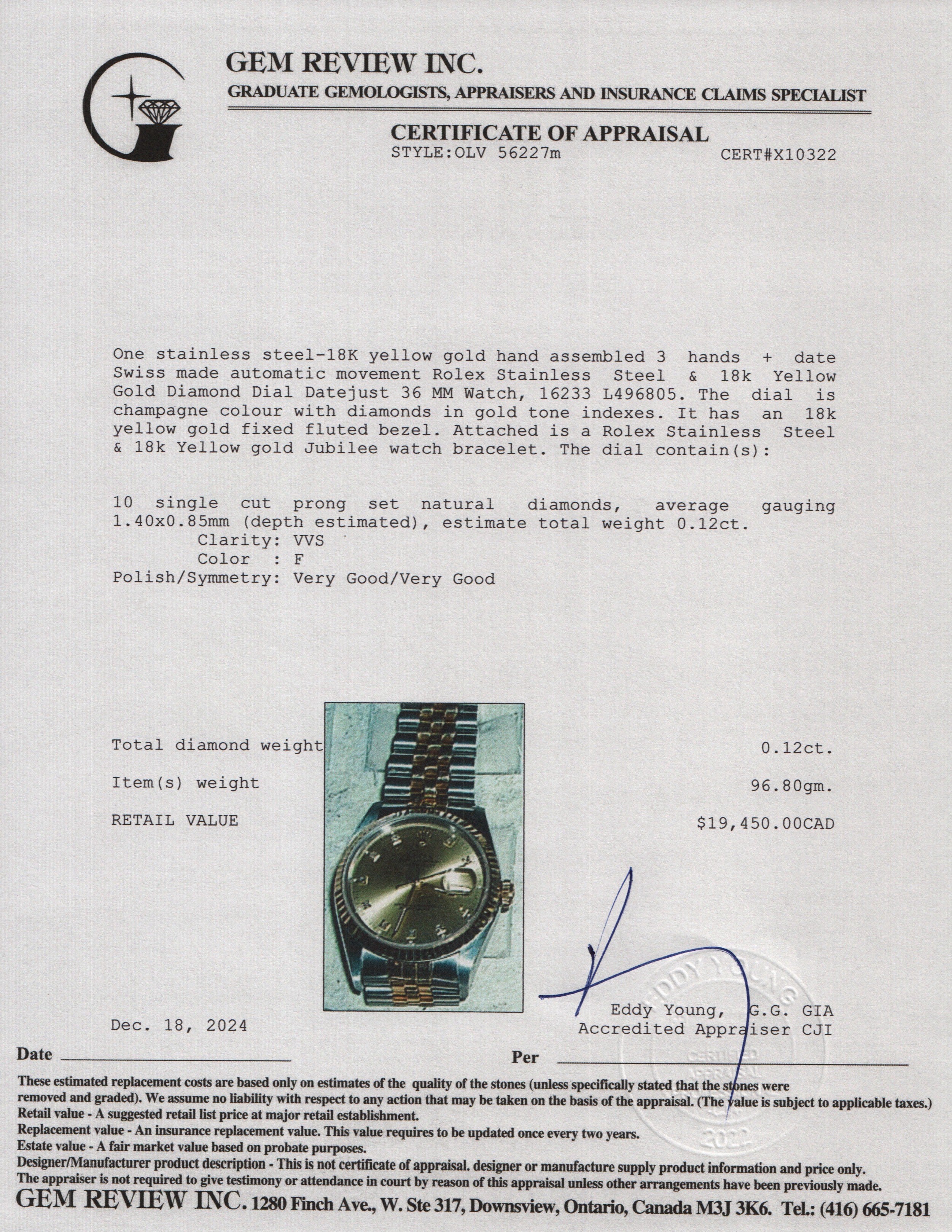 Rolex Stainless Steel & 18k Yellow Gold Diamond Dial Datejust 36 MM Watch 16233 w/ Box