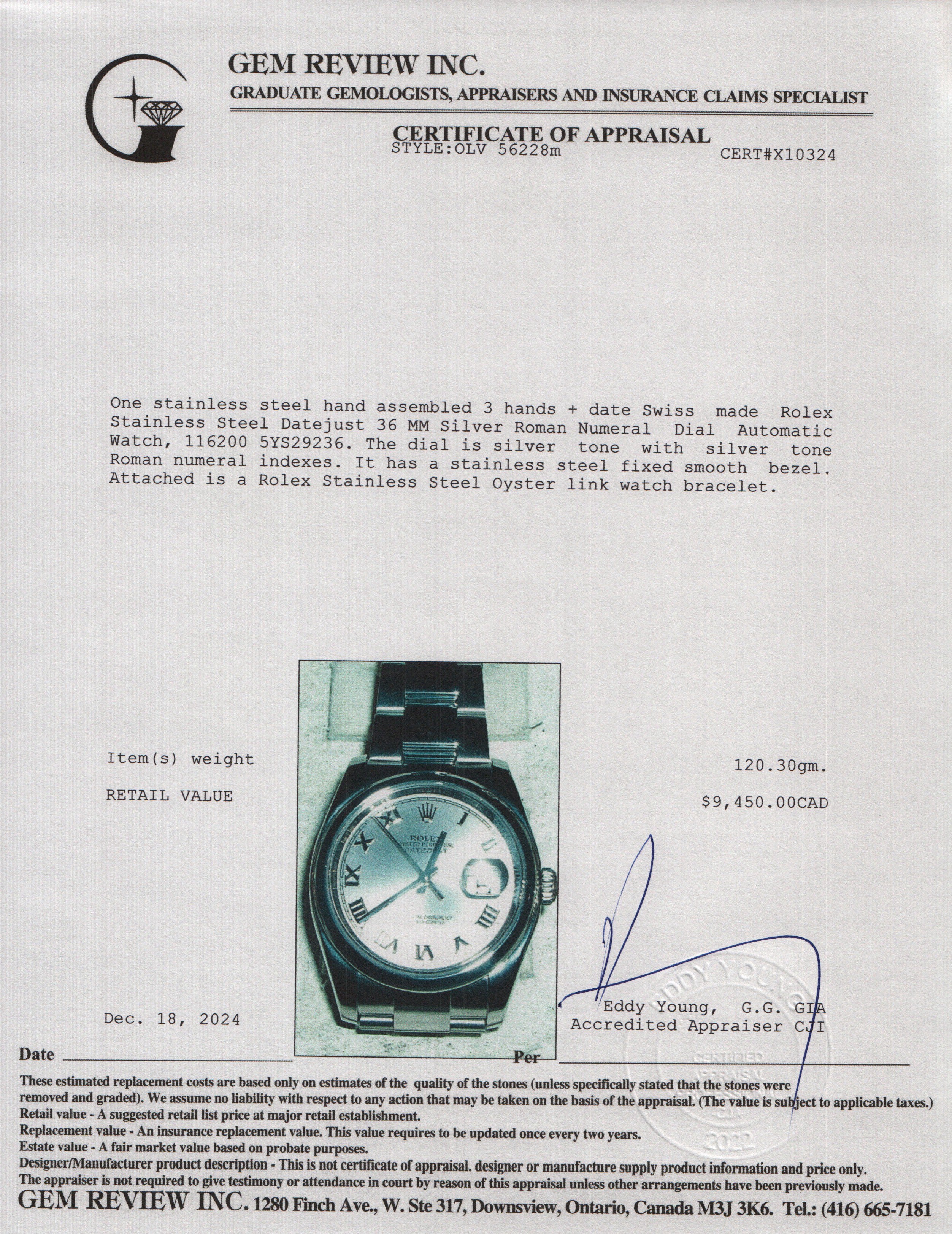 Rolex Stainless Steel Datejust 36 MM Silver Roman Numeral Dial Automatic Watch 116200 w/ Box & Papers