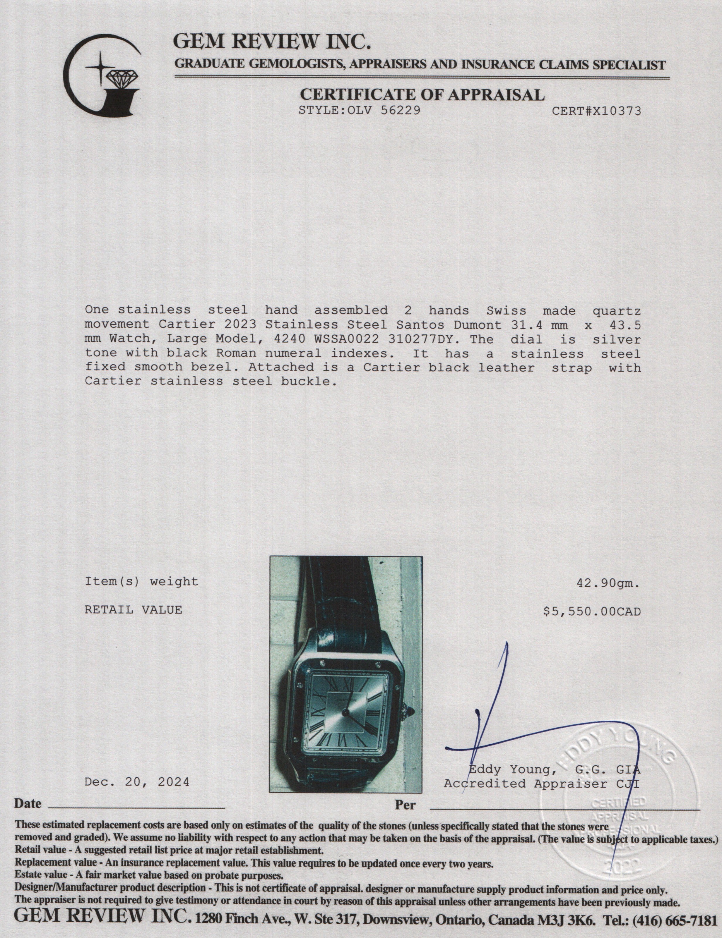 Cartier 2023 Stainless Steel Santos Dumont Watch, Large Model w/ Box & Papers